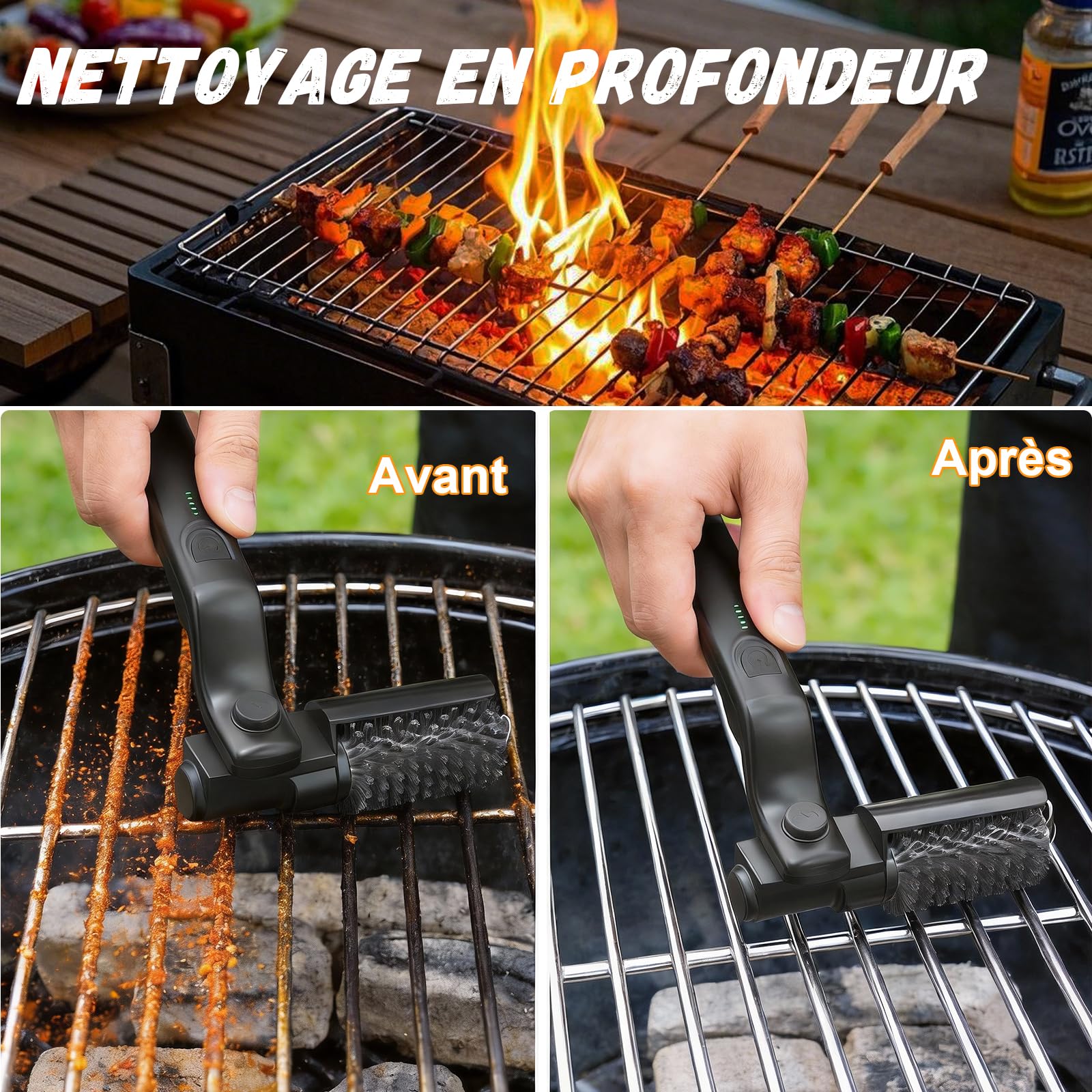 Brosse à Barbecue Électrique sans Fil, 3 Vitesses Réglables, Tête Rotative 180°, Batterie Longue Durée, Brosse en Acier Inoxydable pour Nettoyage Grill Barbecue