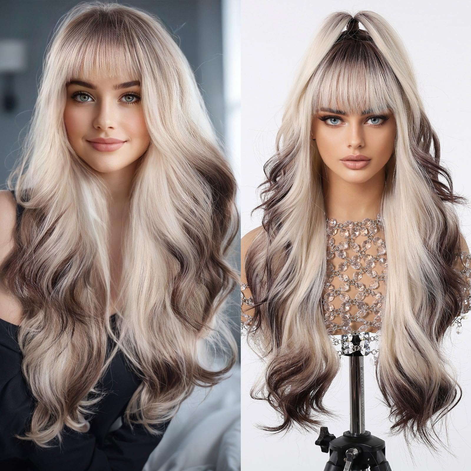 Photo 1 of Nuxovin Long Wavy Brown gradient Human Hair Wig with Bangs Lightweight and Breathable for Women Halloween Cosplay Daily Party Use (Brown gradient,26inch)
