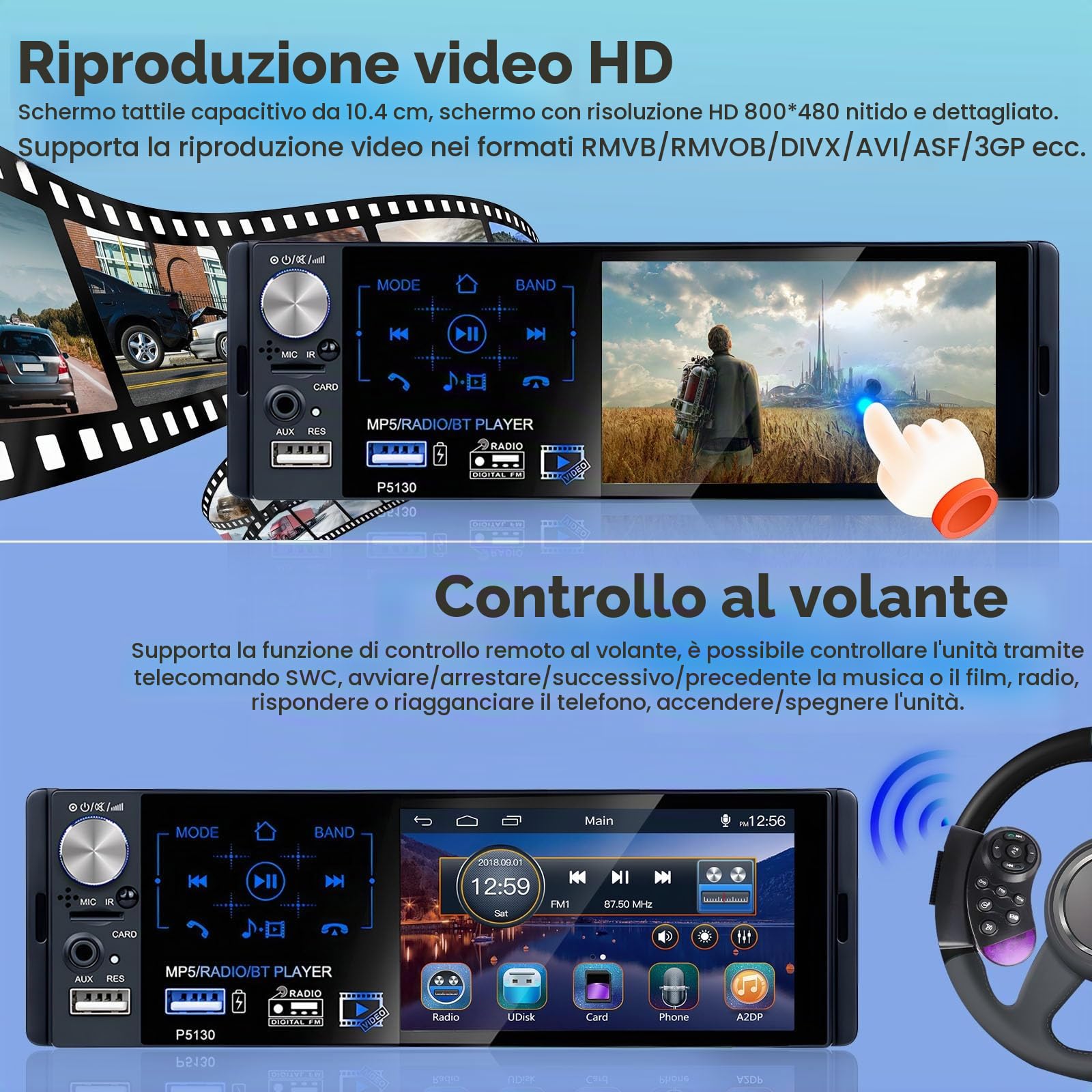 Hikity 4.1" 1 DIN Autoradio con Bluetooth FM RDS | Touchscreen Retrocamera Comandi al Volante Vivavoce USB AUX Scheda TF