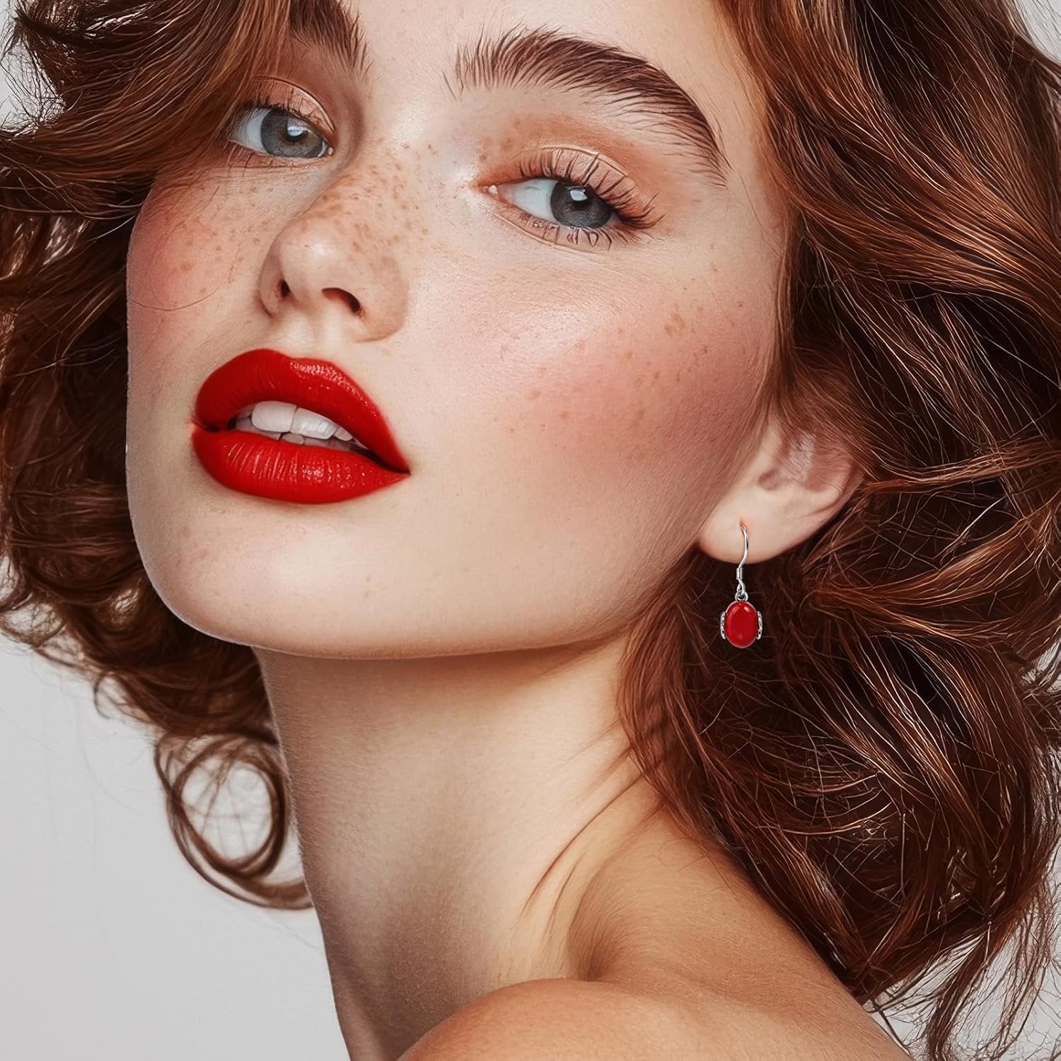 Vintage Silver Drop Dangle Earrings with Oval Red Green Stone, Elegant Birthstone Jewelry Ruby Emerald Earrings for Daily Wear - Image 2