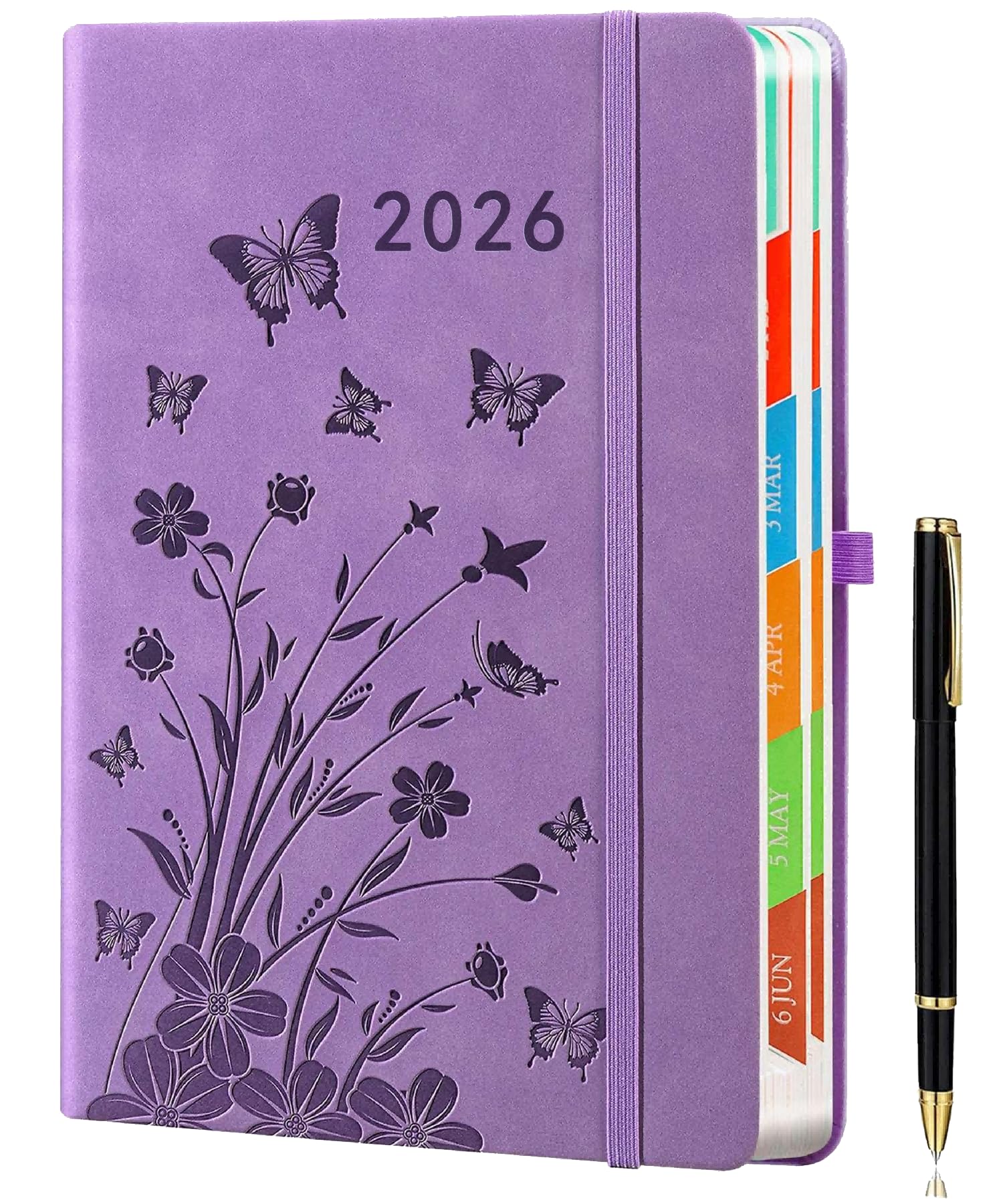2026 Diary Day per Page, A5 Diary Page a Day January to December, Daily & Monthly Planner with Colorful Monthly Tabs, Floral Design, Elastic Pen Holder, 2 Bookmarks, Pen Loop & Inner Pocket, Lavender.