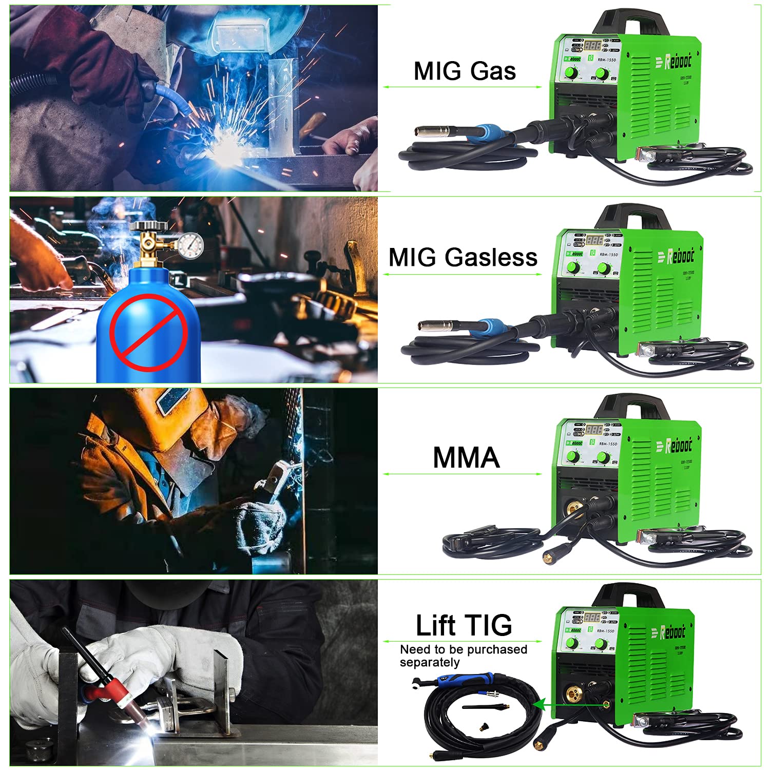 Reboot MIG155 MIG Welder 150A 4 in 1 Gas and gasless MIG/ARC/Lift TIG