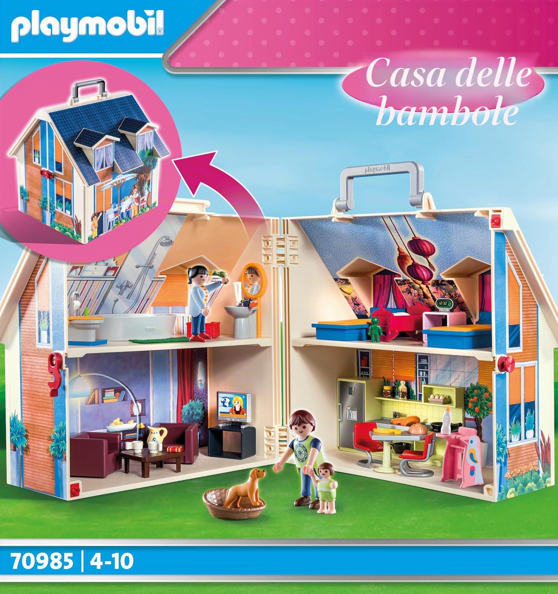 PLAYMOBIL Casa delle Bambole Portatile 70985 con Maniglia per Il Trasporto, Pieghevole, Giocattoli per Bambini dai 4 Anni