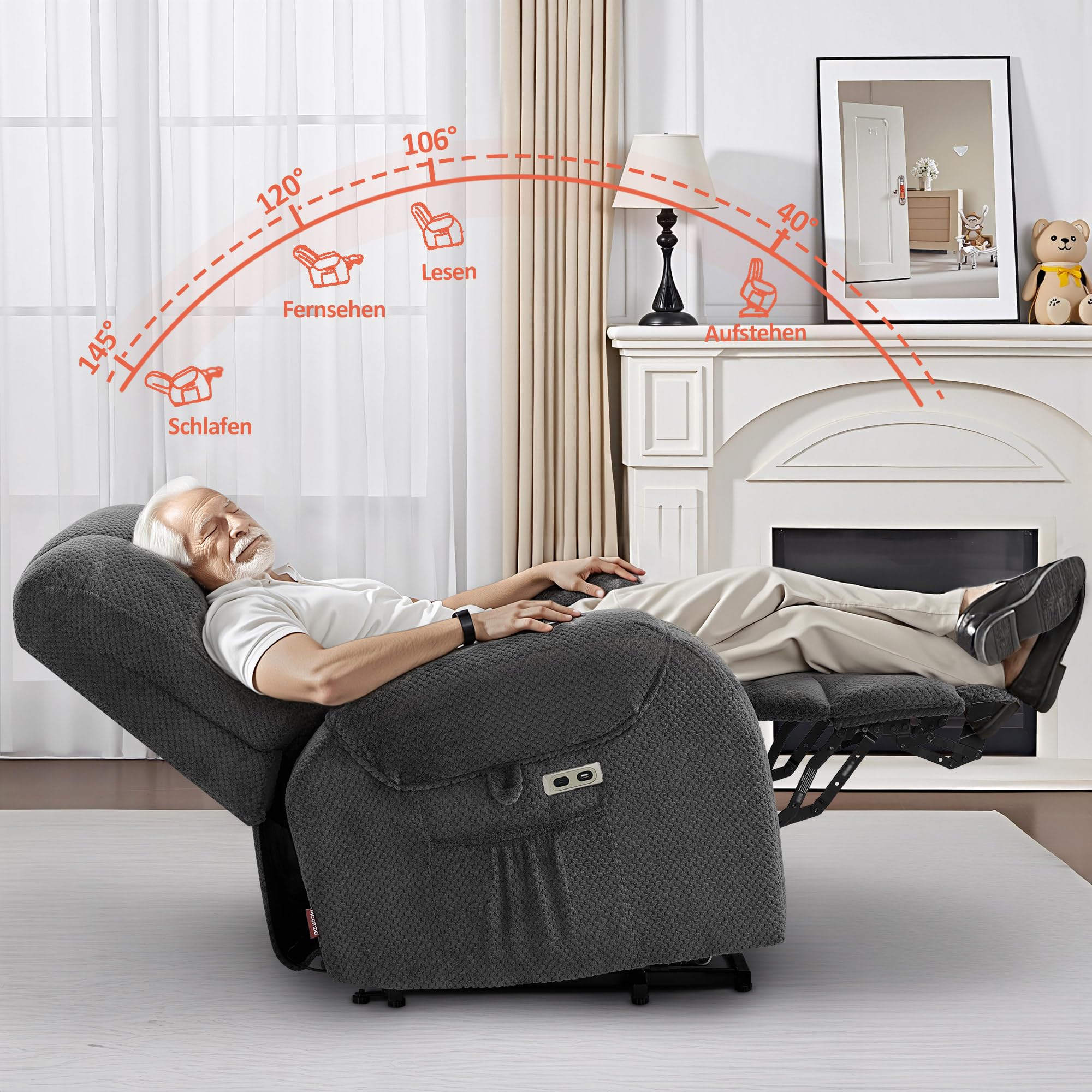 MCombo M Poltrona TV con funzione alzapersona elettrica, con massaggio e riscaldamento, poltrona relax con funzione reclinabile fino a 145°, portabevande nascosti 7252 (Tessuto, Grigio scuro)