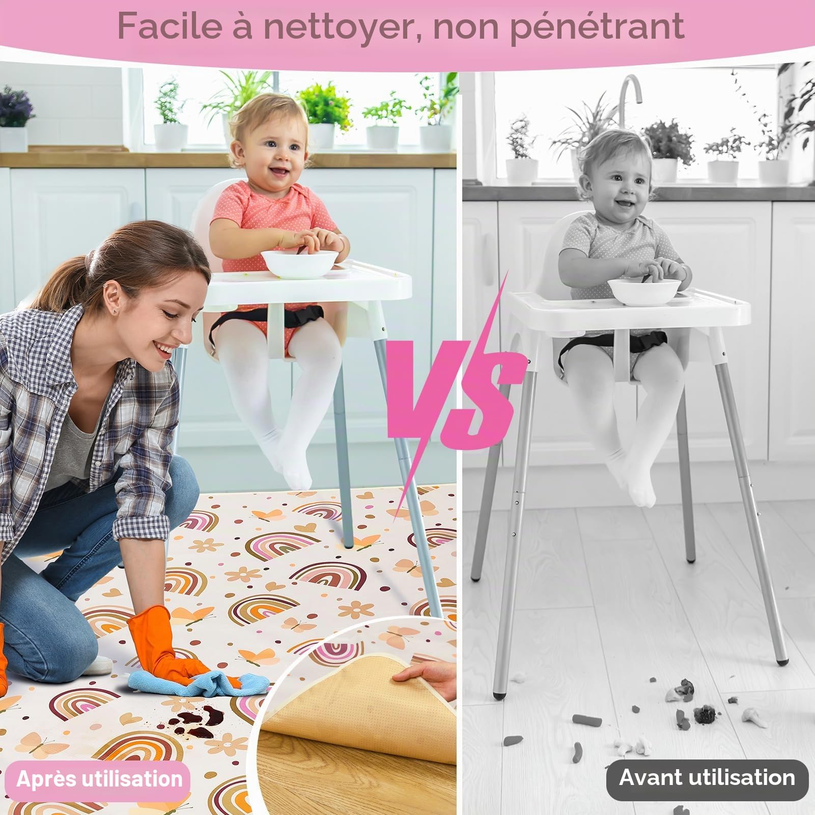 Unicorn Castle Tapis de Chaise Haute Enfant 107x117cm, Tapis Imperméable Lavable Antidérapant, Splash Mat Pliable et Portable pour Divers Repas et Protection du Sol,Brown Rainbow