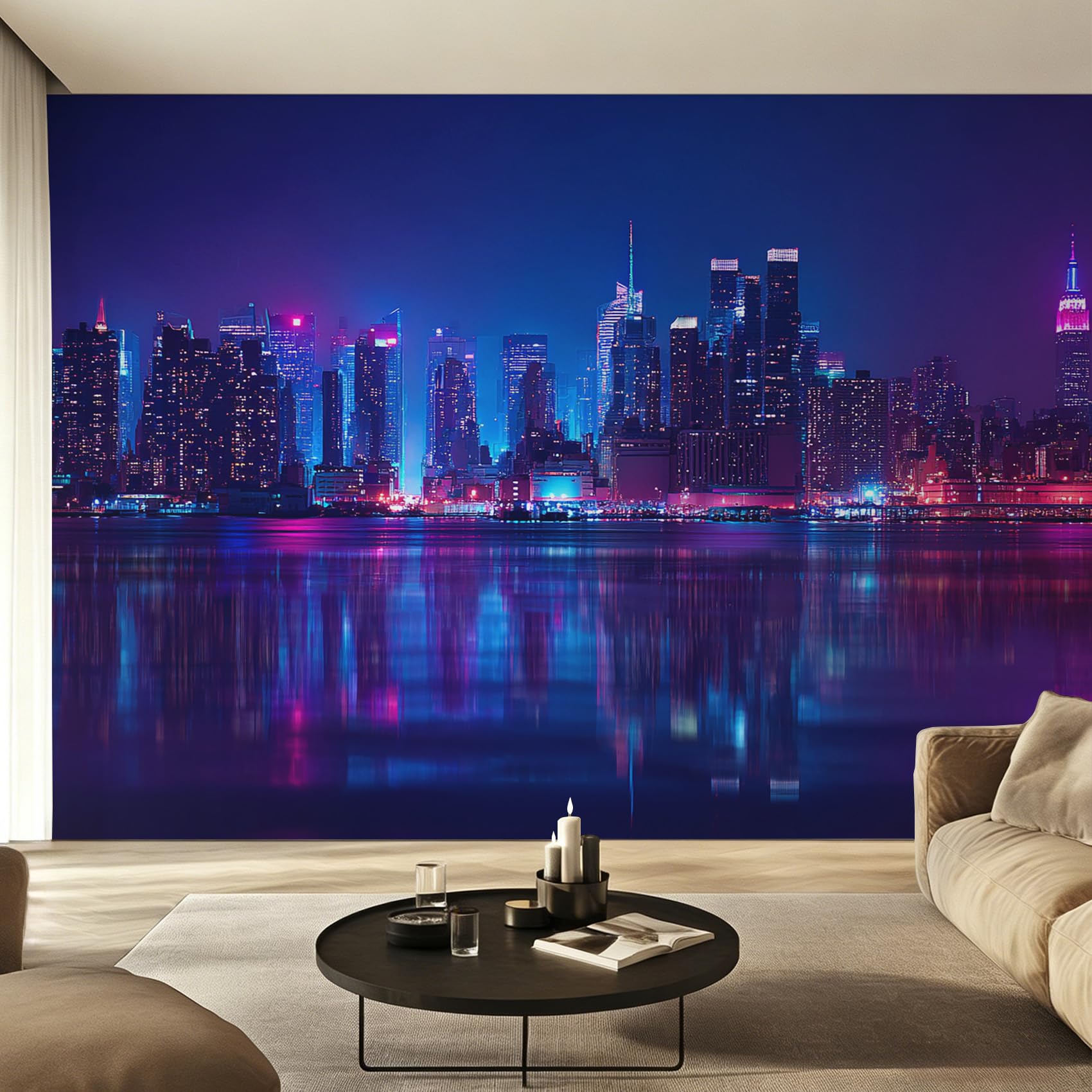 Poster mural & wallpaper de ville avec vue nocturne de gratte-ciel et décoration murale salon