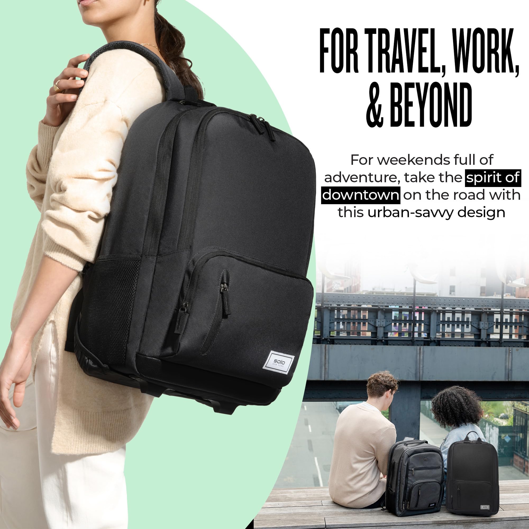 Solo New York Bleeker - Mochila unisex con ruedas, color negro, se adapta a portátiles de hasta 15.6 pulgadas, Black, Fits up to 15.6" Laptop, Bleeker - Mochila con ruedas