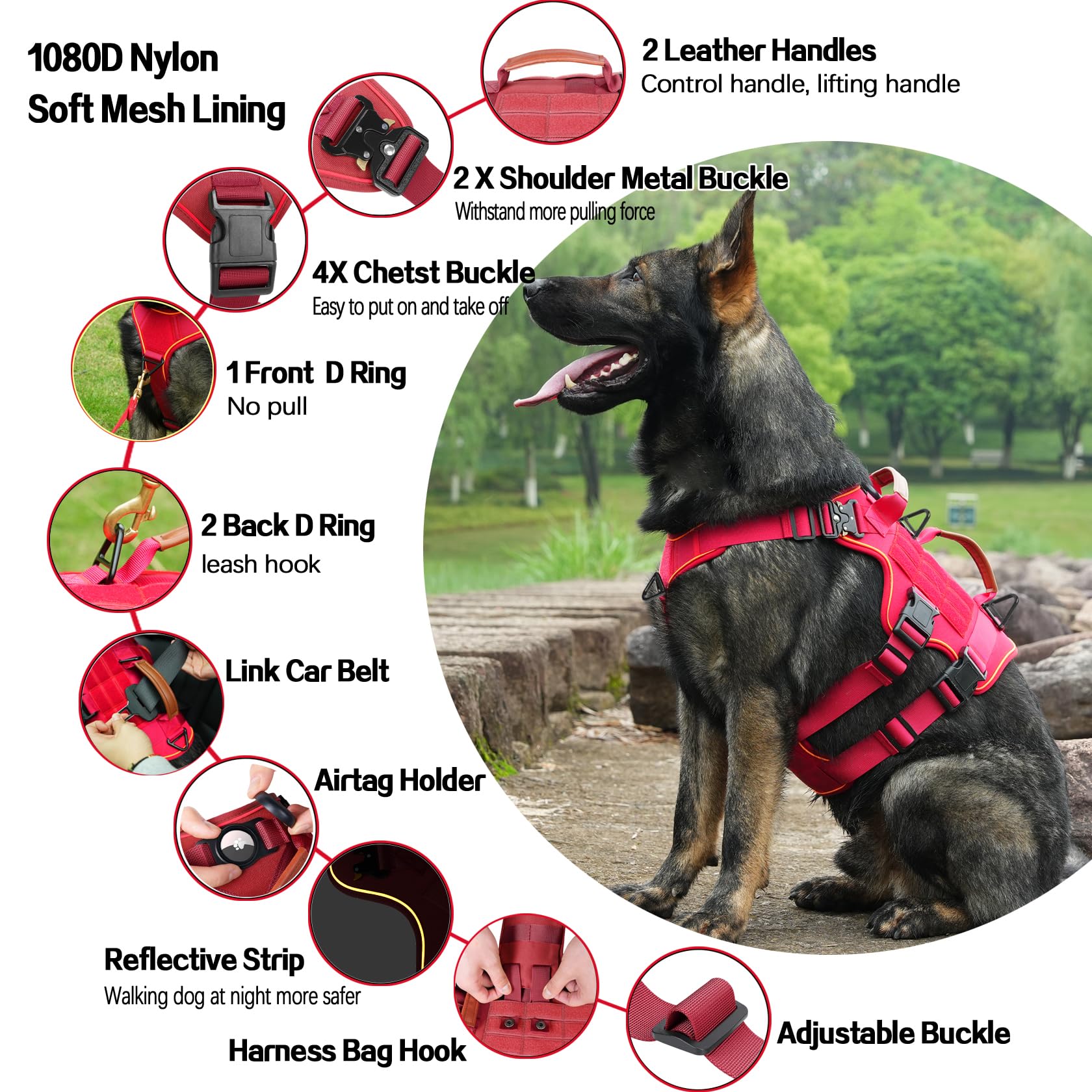 Taktisches Hundegeschirr für große Hunde, kein Ziehen, Militärdienst, Hundegeschirr mit Griff und Airtag-Halterung, ausbruchsicher, MOLLE-Geschirr mit 8 Haustier-Patches für Training und