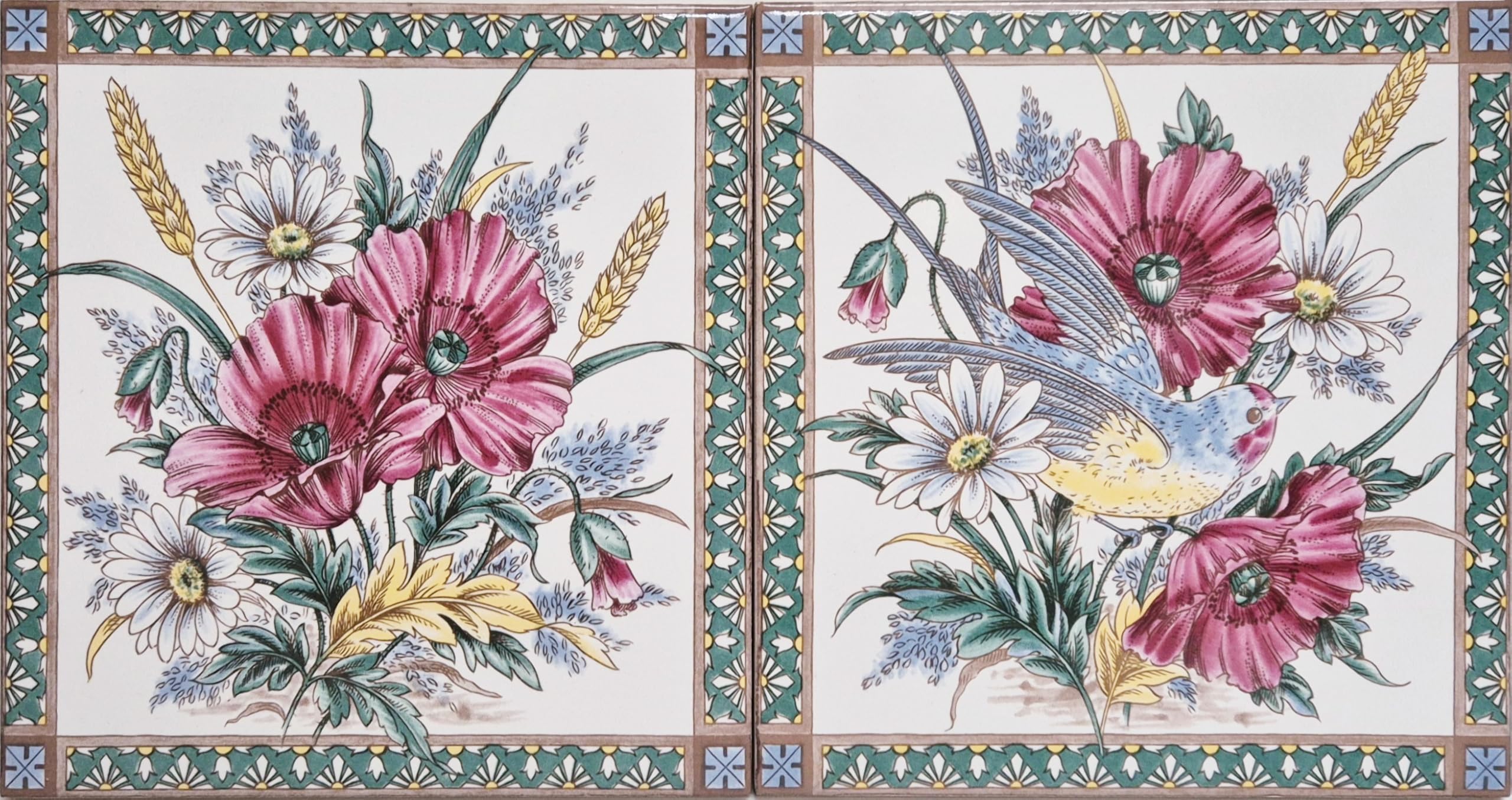 Poppy & Swallow Ceramic Tiles 15x15cm (6"x6") Decorative Floral and/or Bird Victorian Style Designs Hand Decorated in UK (Set of 2)