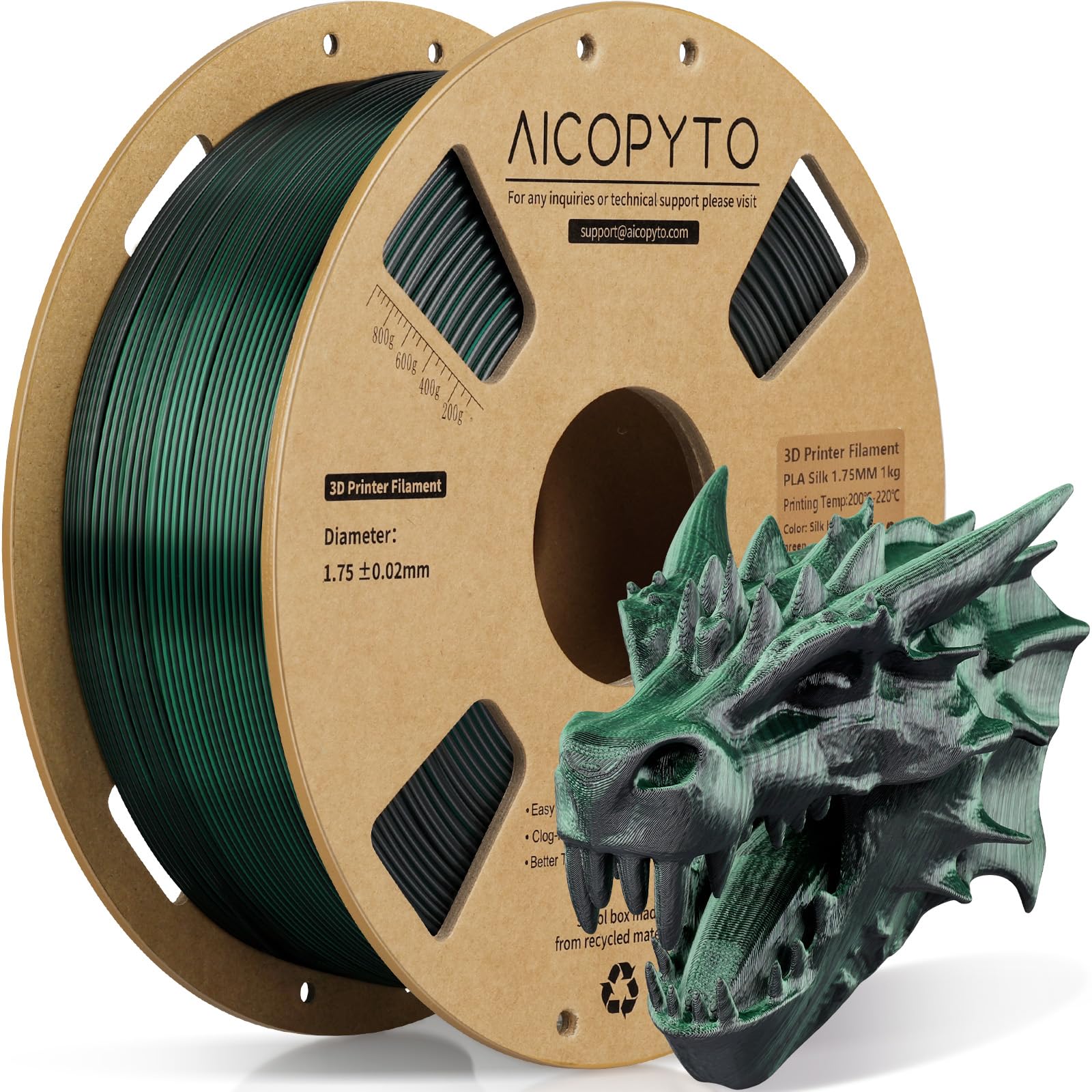 3D Printer Silk PLA Filament 1.75mm, Shiny Dual Color Black Green, Dimensional Accuracy +/- 0.02 mm, 1KG (2.1lbs)/Spool Easy to Print for Most FDM 3D Printers