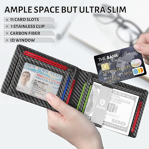 Miniatura 3 de GSOIAX Billetera delgada para hombre con bloqueo RFID, carteras plegables para hombres, minimalista, de piel auténtica, fibra de carbono, tarjetero