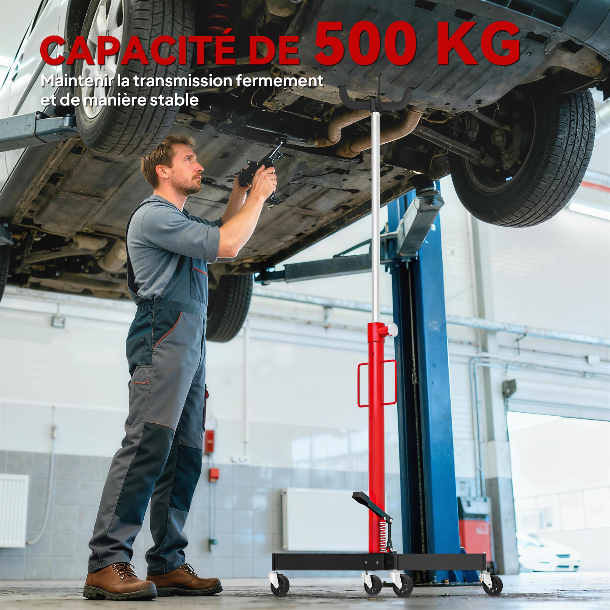 HOMCOM Cric idraulico per cambio, cric di sollevamento in acciaio 500 kg, altezza regolabile 110-191,5 cm, cric idraulico per cambio 4 ruote, pedale, per auto, rosso