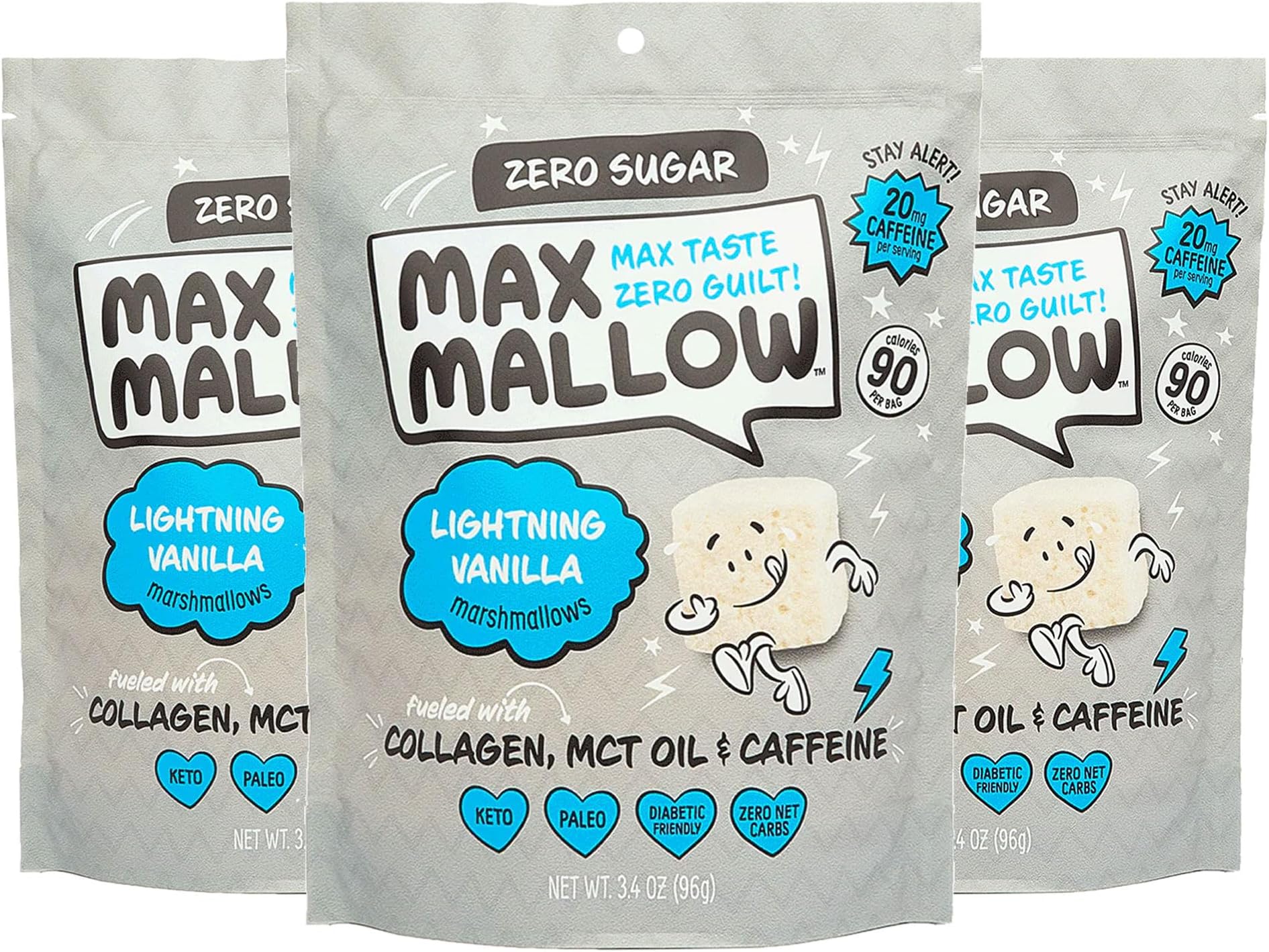 Max Mallow Sugar Free Marshmallows - Keto Friendly, Perfect for S'mores, Hot Chocolate, and Baking with Zero Sugar Snacks, Smores Mct Oil Zero Sugar Marshmellow Marshmallow Lightning Vanilla, 3 Pack