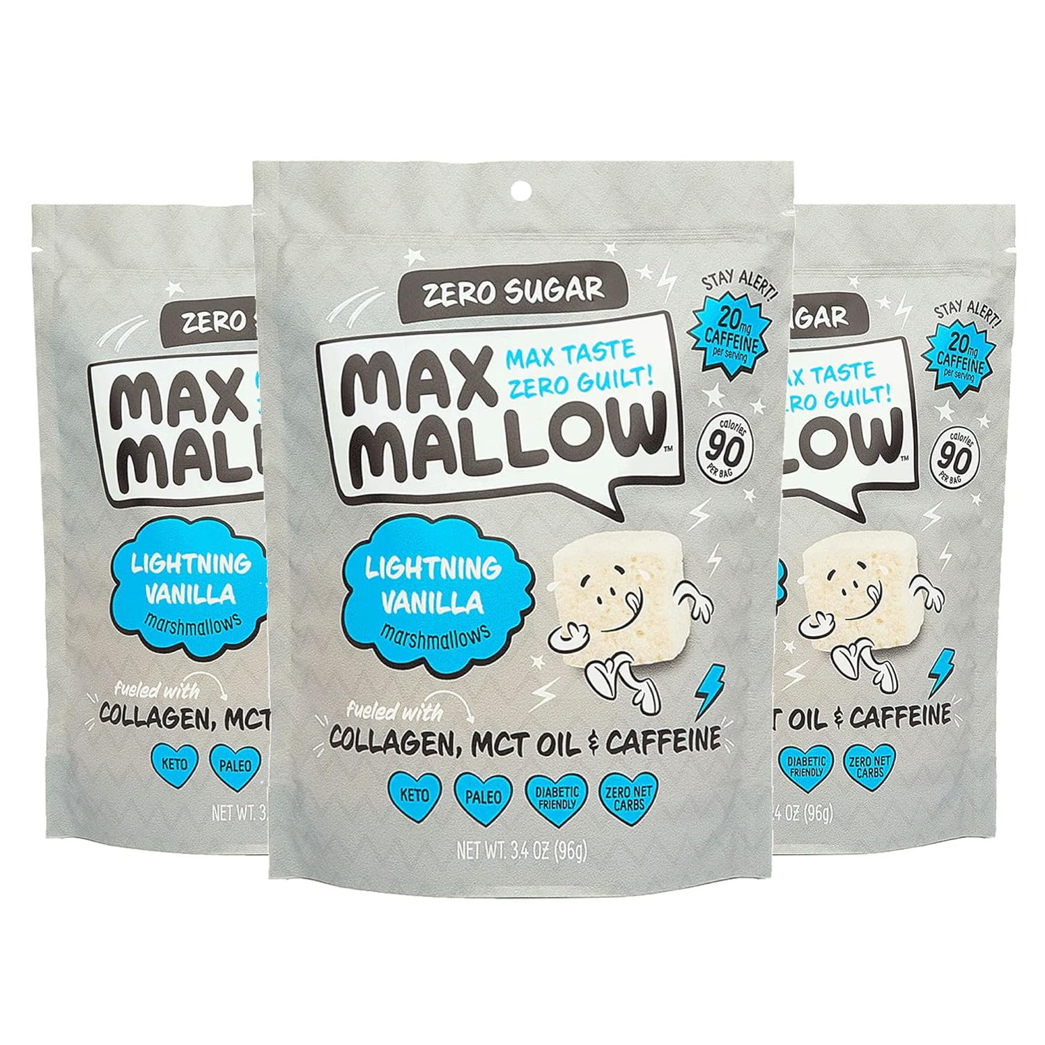 Max Mallow Sugar Free Marshmallows - Keto Friendly, Perfect for S'mores, Hot Chocolate, and Baking with Zero Sugar Snacks, Smores Mct Oil Zero Sugar Marshmellow Marshmallow Lightning Vanilla, 3 Pack
