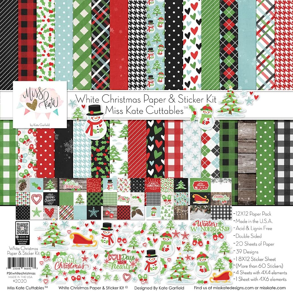 Miss Kate Cuttables Paper & Sticker Kit - White Christmas - 20 Double-Sided 12x12 Papers with 39 Designs & 1 8X12 Sticker Sheet - Scrapbooking Card Making Crafting