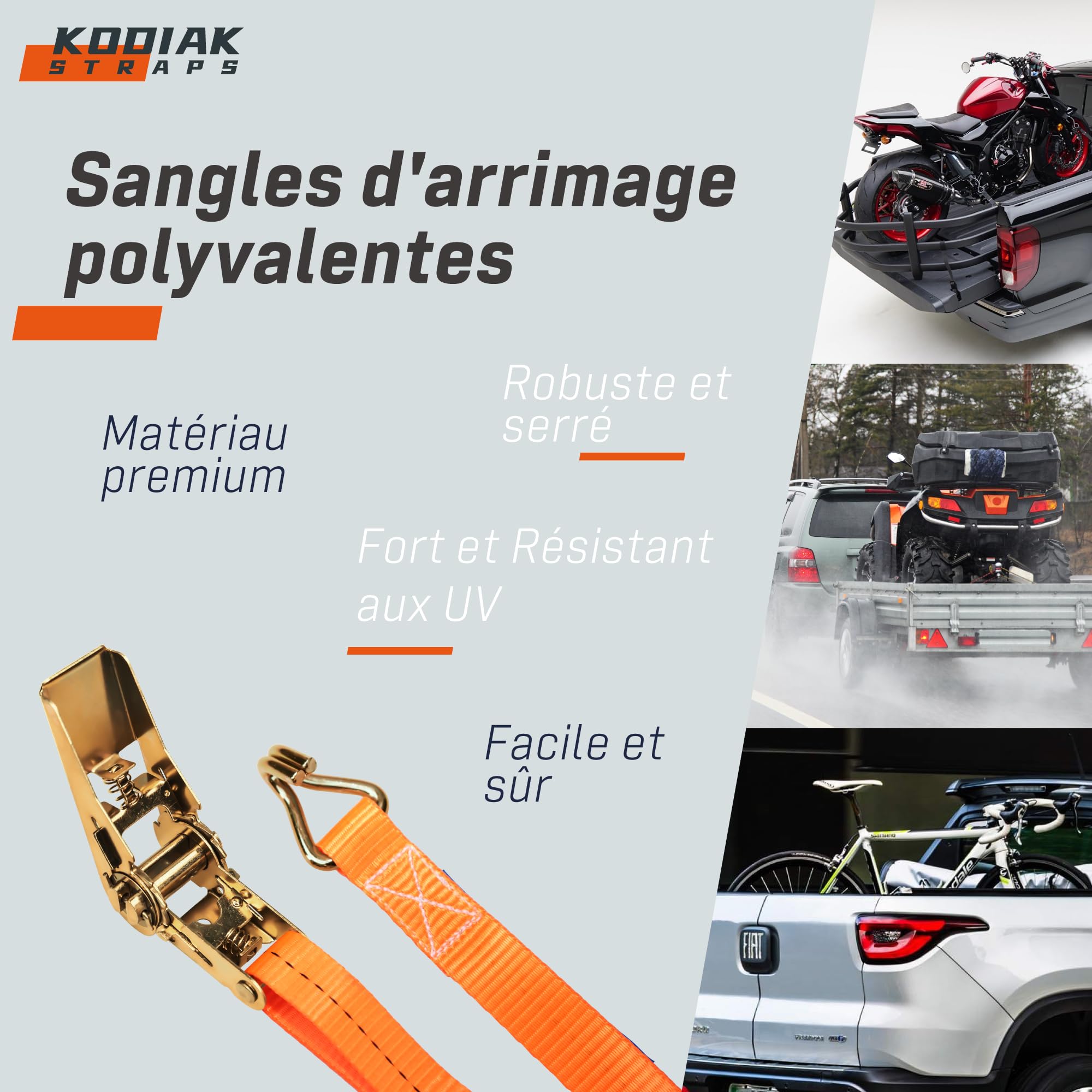 10 Lots de Sangles à Cliquet 4m x 1000kg avec Crochets - Sangles d'Arrimage 25mm Orange pour la Sécurisation des Chargements - Certifié TÜV/GS DIN en 12195-2 - KODIAK STRAPS
