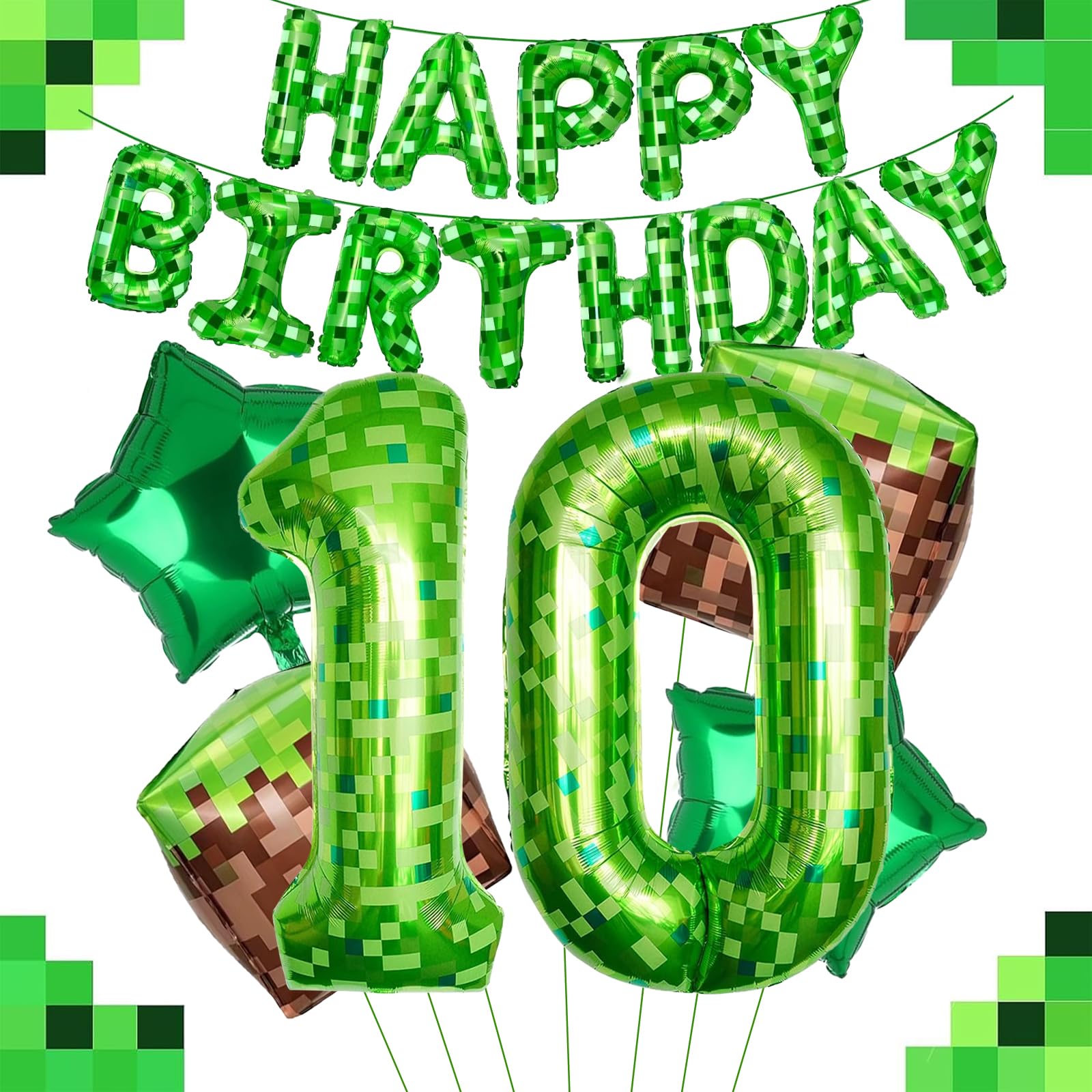 Mavouri Pixel Geburtstagsdeko 10 Jahre Junge mit Happy Birthday Ballon, Pixel Miner Luftballon 10. Geburtstag Junge, Pixel Ballon 10 Geburtstag Jungen, Pixelmotiv 40 Zoll Luftballons Zahlen 10 Grün