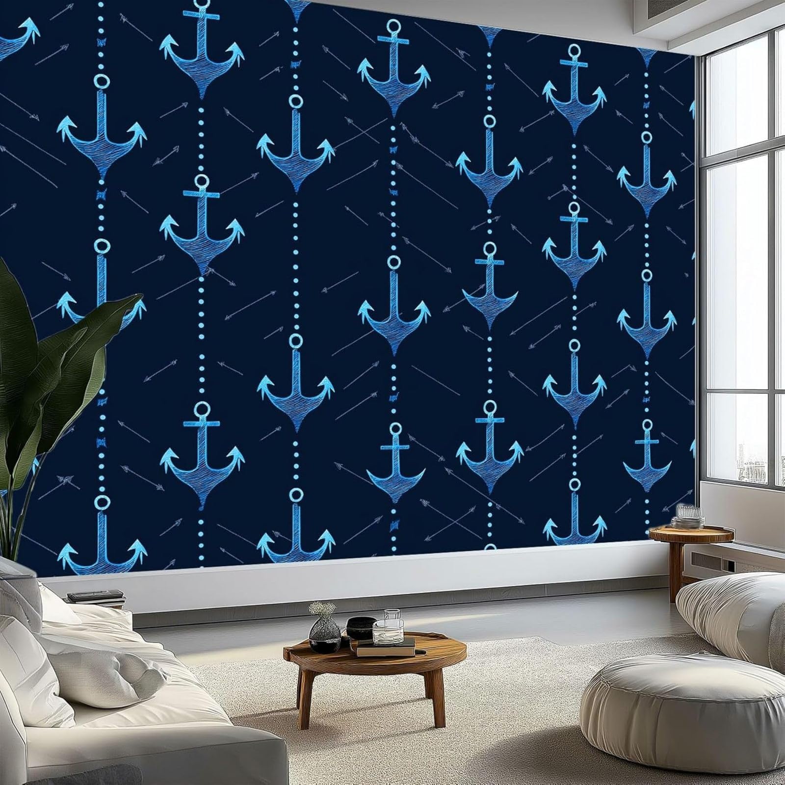 kfjhgbdshhj Minimalist Nautical Theme Photo Wallpaper, Non-Woven Wall Mural, Navy Blue, for Living Room, Bedroom, Office, Hallway, Teenager's Room, Wall Decor, 200cm x 140cm