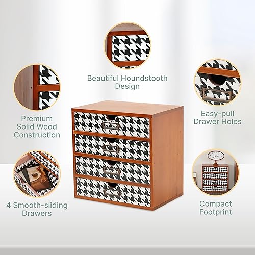 Miniatura 4 de Organizador de escritorio de madera con patrón de pata de gallo, almacenamiento de escritorio de 4 cajones, gabinete de madera moderno y rústico