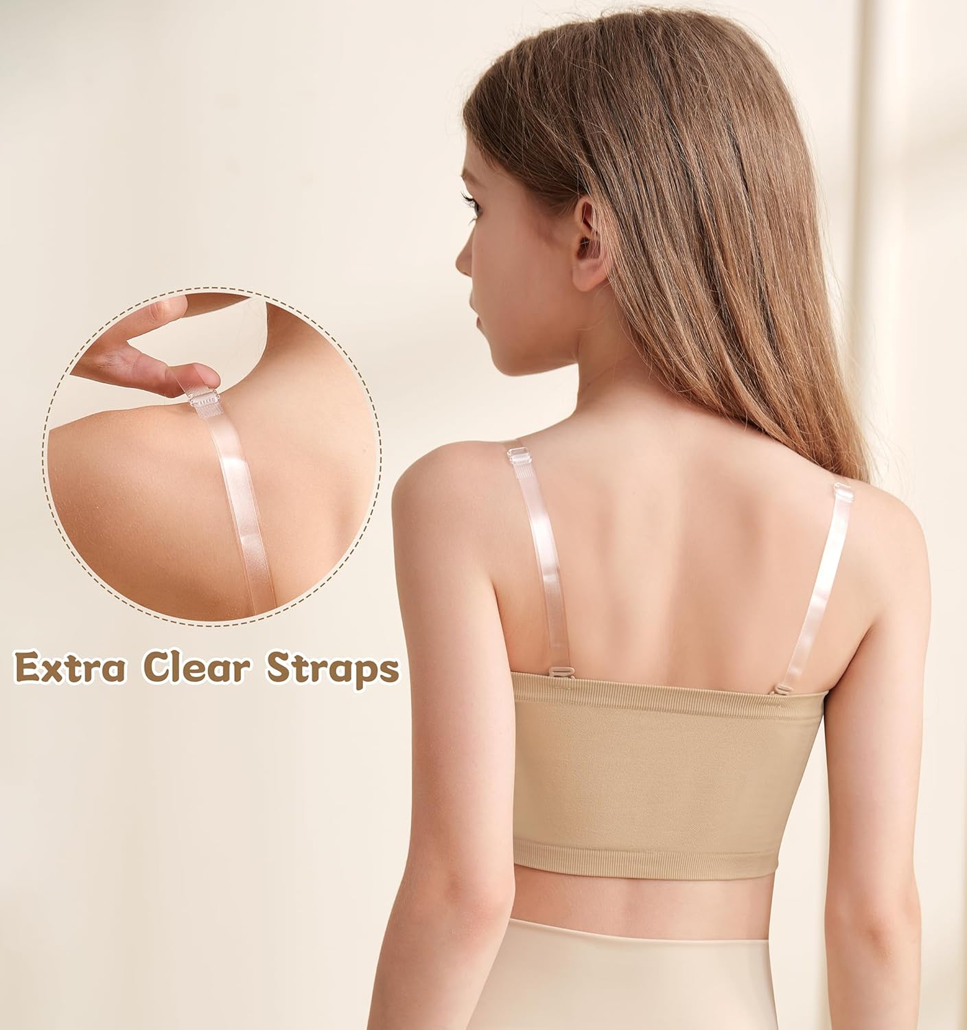DANSHOW Girls Seamless Bandeau Bra for Teen Girls Training Sport Crop Top with 2 Pairs of Clear Straps, Chest Padding - Image 2