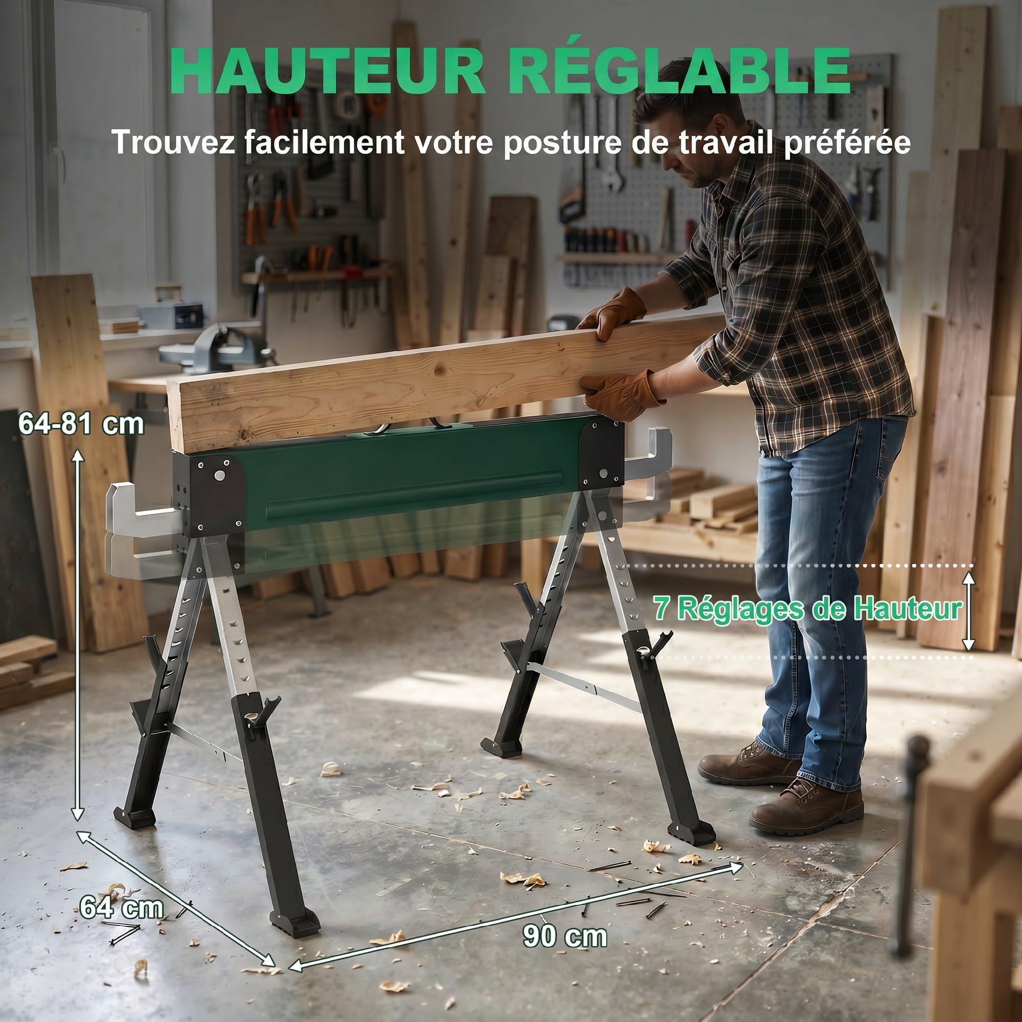 HOMCOM Lot de 2 Tréteaux Pliables en Métal, Charge Max. 1160 kg, Tréteaux Portables, Hauteur Réglable 64-81cm, Poignée de Transport, Support 2x6, pour Bricolage, Sciage, 116 x 64 x 81 cm, Vert