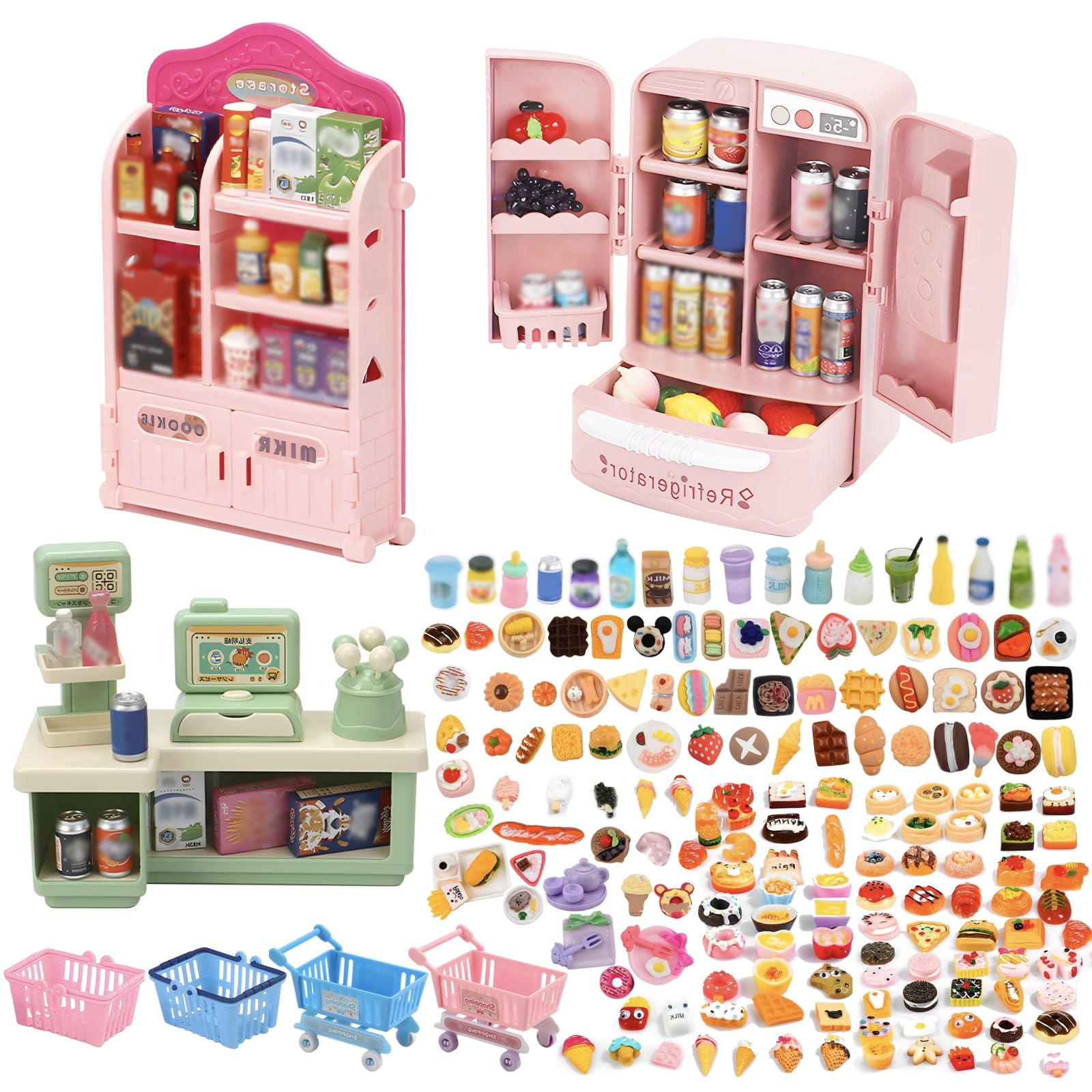 120Pcs Miniature Shopping Food Drink Bottle, Mini Food Supermarket Handcart Shelve Vending Machine for House Accessories, Tiny Fridge Desk Ornaments for Adult