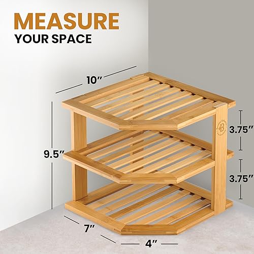 Miniatura 3 de Paquete de 2 organizadores de platos para gabinete, estante esquinero de bambú para almacenamiento de cocina o baño, estante que ahorra espacio