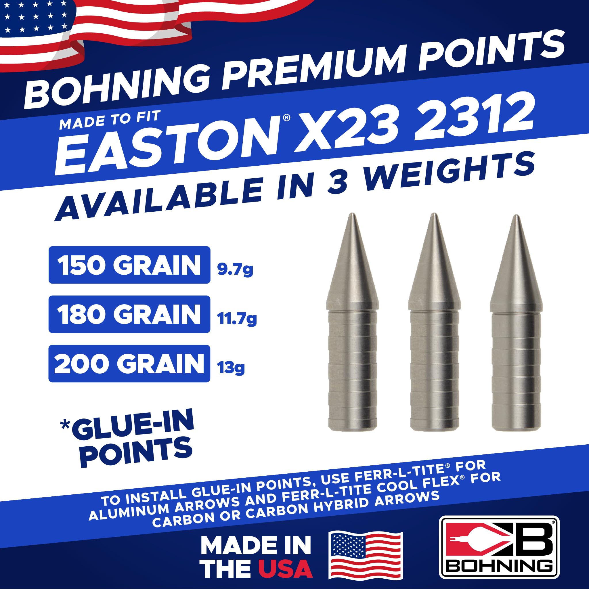 Bohning Match Grade Glue-in Points for Easton® X23-2312, 150 Grain, 12pk