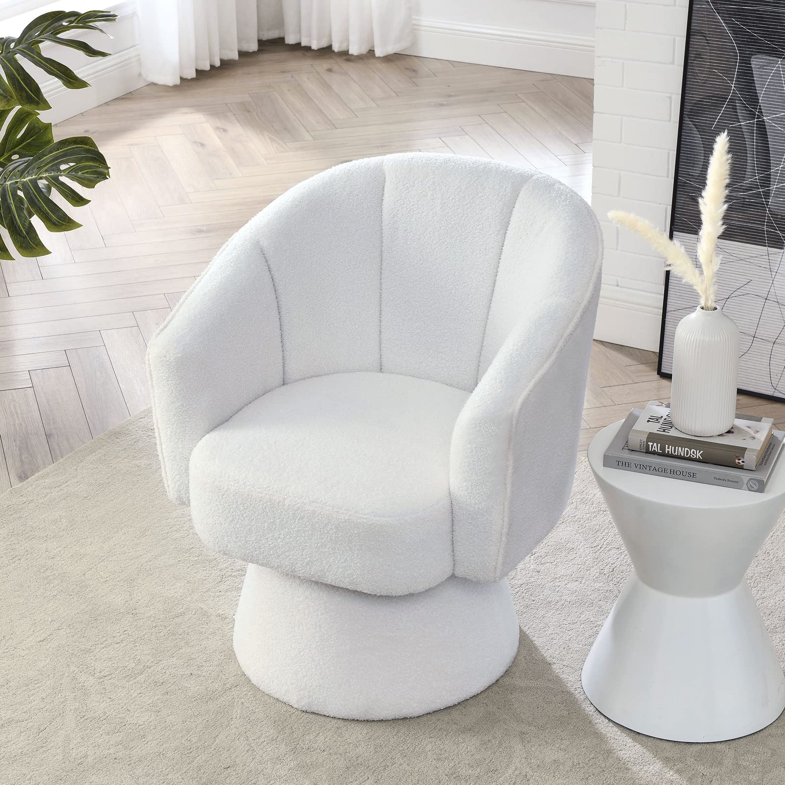 Swivel Barrel Chair, Modern Round Accent Boucle Chair, 360-degree Swivel Club Chair, Comfy Upholstered Sherpa Sofa Armchair for Living Room, Bedroom, Nursery, Lounge, Reading Room, White Teddy
