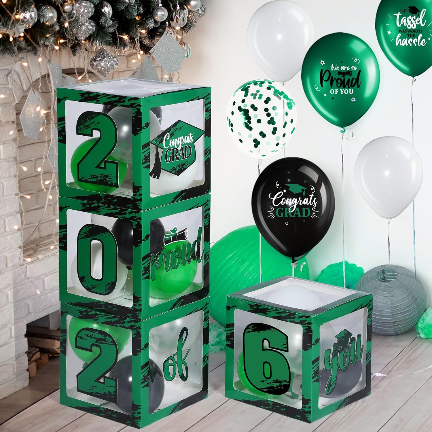 Woanger 44 PCS Graduation 2026 Box Decoration - Congrats Grad Party Box Set with LED Light Strings & Balloon Proud of You Party Supplies for Class of 2026 School College(Green)