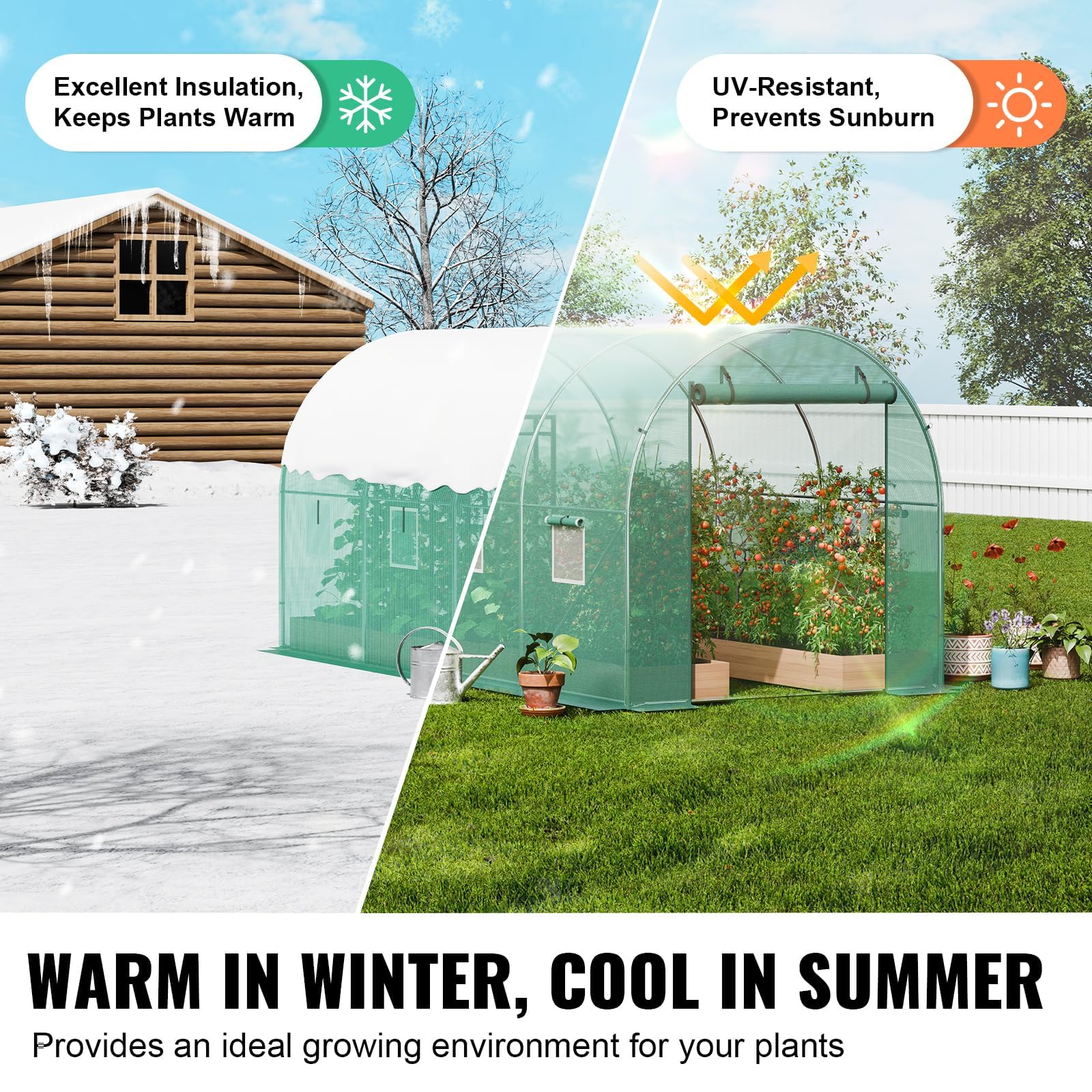 Invernadero de Exterior 10ft x 6.6ft x 6.6ft, Invernadero de Túnel con Puerta Enrollable, 6 Ventanas de Malla, Cubierta PE 140g/m² y Marco de Acero Galvanizado para Cultivos