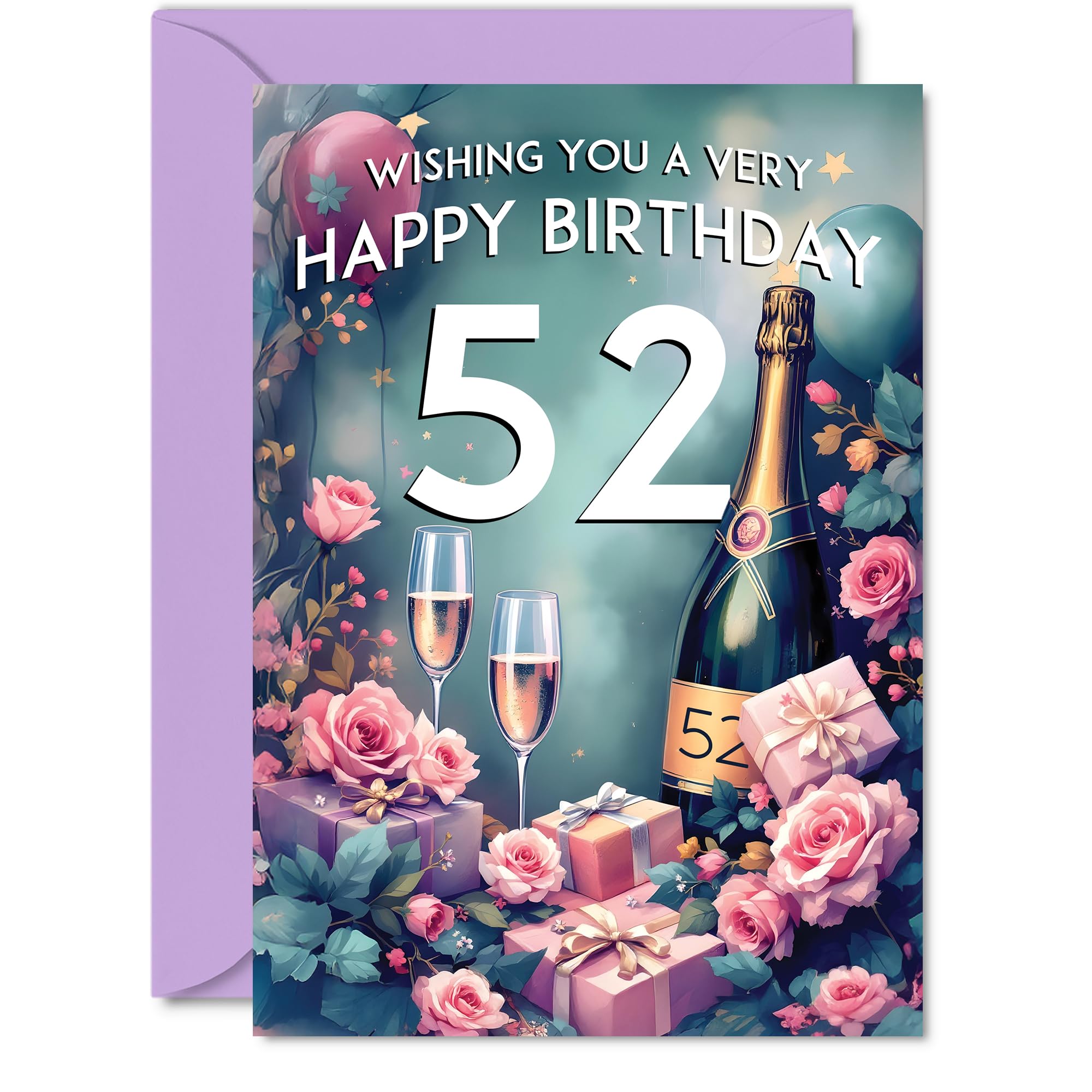 52nd Birthday Card - Pink Presents Champagne Bottle - Gorgeous Pretty Beautiful Birthday Cards for 52 Year Old Woman Women, A5 Greeting Cards Gift