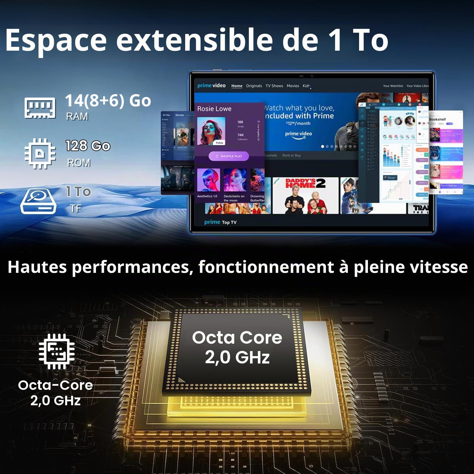 2026 Android 13 Tablette Tactile 10 Pouces 14Go RAM+128Go ROM (TF 2TB), FHD Tablettes avec 5G WiFi, 8 Cœurs, 2.0 GHz, Widget, 8000mAh, BT 5.0, 5+8MP, Tablette avec Clavier et Souris - Bleu