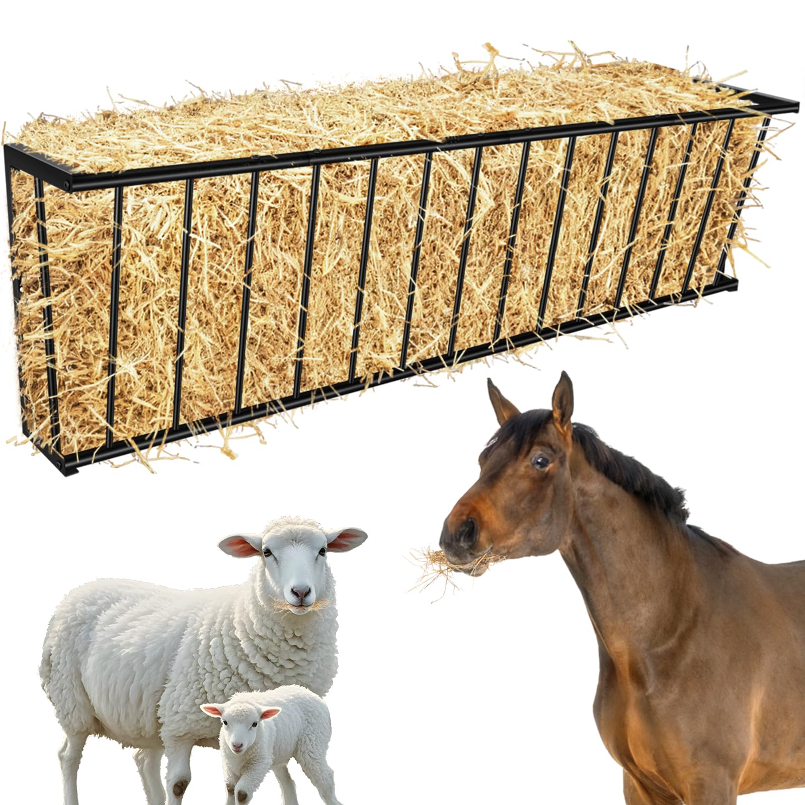 Metal Wall Mount Hay Feeder 60'' Long, 65 Gallon Livestock Feeder for Goats Horses Cattle, Indoor Outdoor Hay Rack Blanket Holder