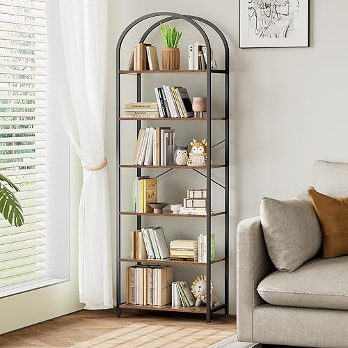 Homhedy 6-Tier Bookshelf Arched Display Racks, Wood and Metal Bookcase, Tall Bookshelf, Industrial Display Standing Shelf Unit, for Home Office, Living Room, Bedroom, Bathroom, Rustic Brown