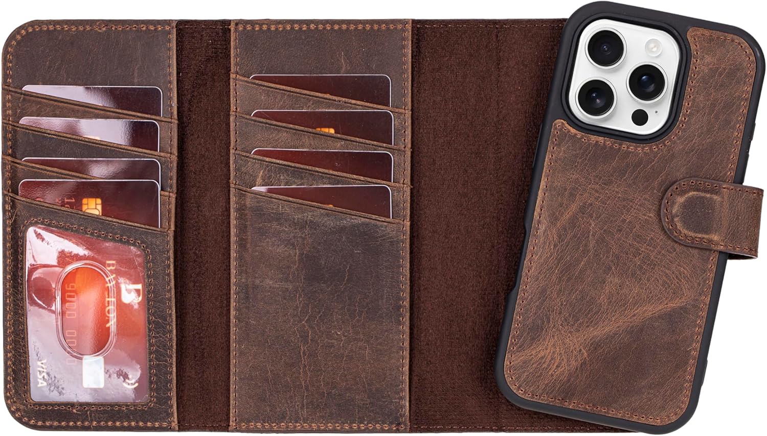 Bayelon Coffee Brown Wallet Case for iPhone 16 Pro | for iPhone 16 Pro, Trifold Leather Wallet, Detachable Magnetic Flip Folio Cover, Card Holder for Men and Women, MagSafe Compatible, RFID - Image 8