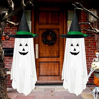 LINAYE Halloween Hanging Ghosts Decorations Outdoor - 2 Pack White Ghost Decorations Outside, Cute Hanging Decorations Decor for Kids' Outdoor Garden, Tree, Porch, Lawn