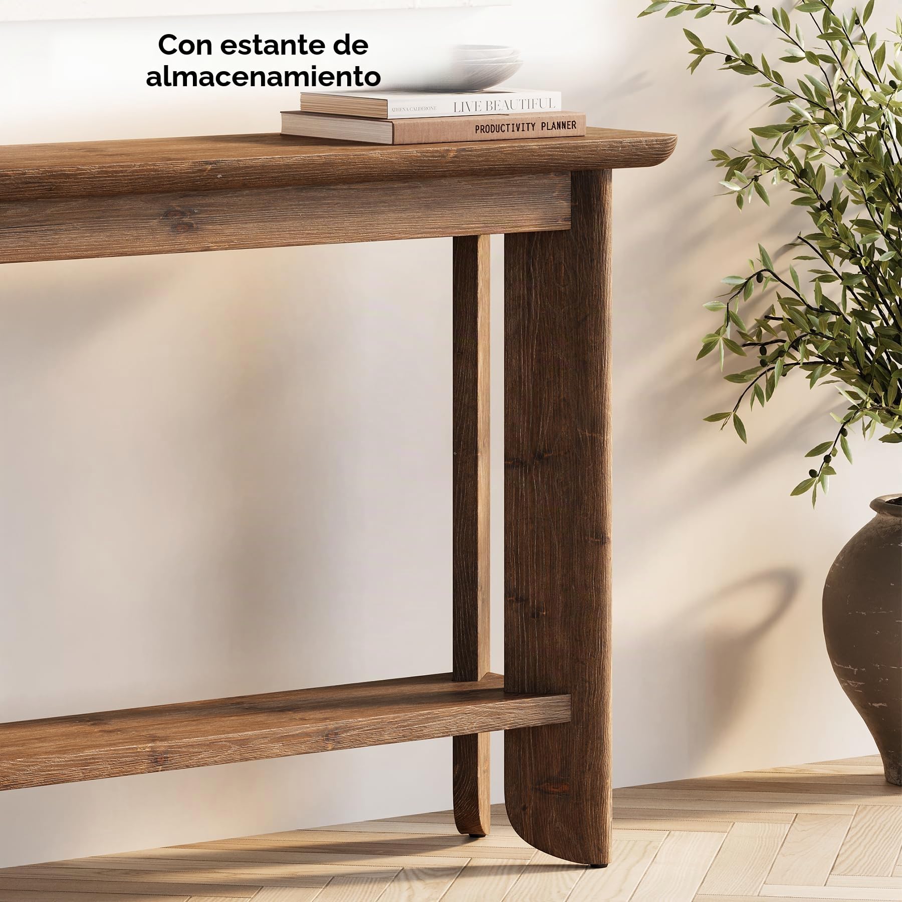 Mesa Consola 105 cm, 2 Niveles, Mesa Auxiliar Entrada con Almacenamiento, Estilo Granja, Nogal Oscuro, para Recibidor, Salón, Detrás del Sofá