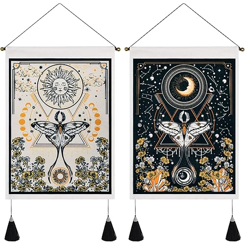 Lyacmy Pack of 2 Tapestry Sun and Moon Tapestry Moth Tapestries Yelllow and Orange Tapestry Flower Vine Tapestry Wall Hanging for Room (13.8 x 19.7 inches)