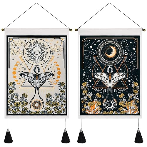 Lyacmy Pack of 2 Sun and Moon Tapestries - Yellow and Orange Tapestry Flower Vine Wall Hanging for Room (13.8 x 19.7 inches) - Yelllow and Orange