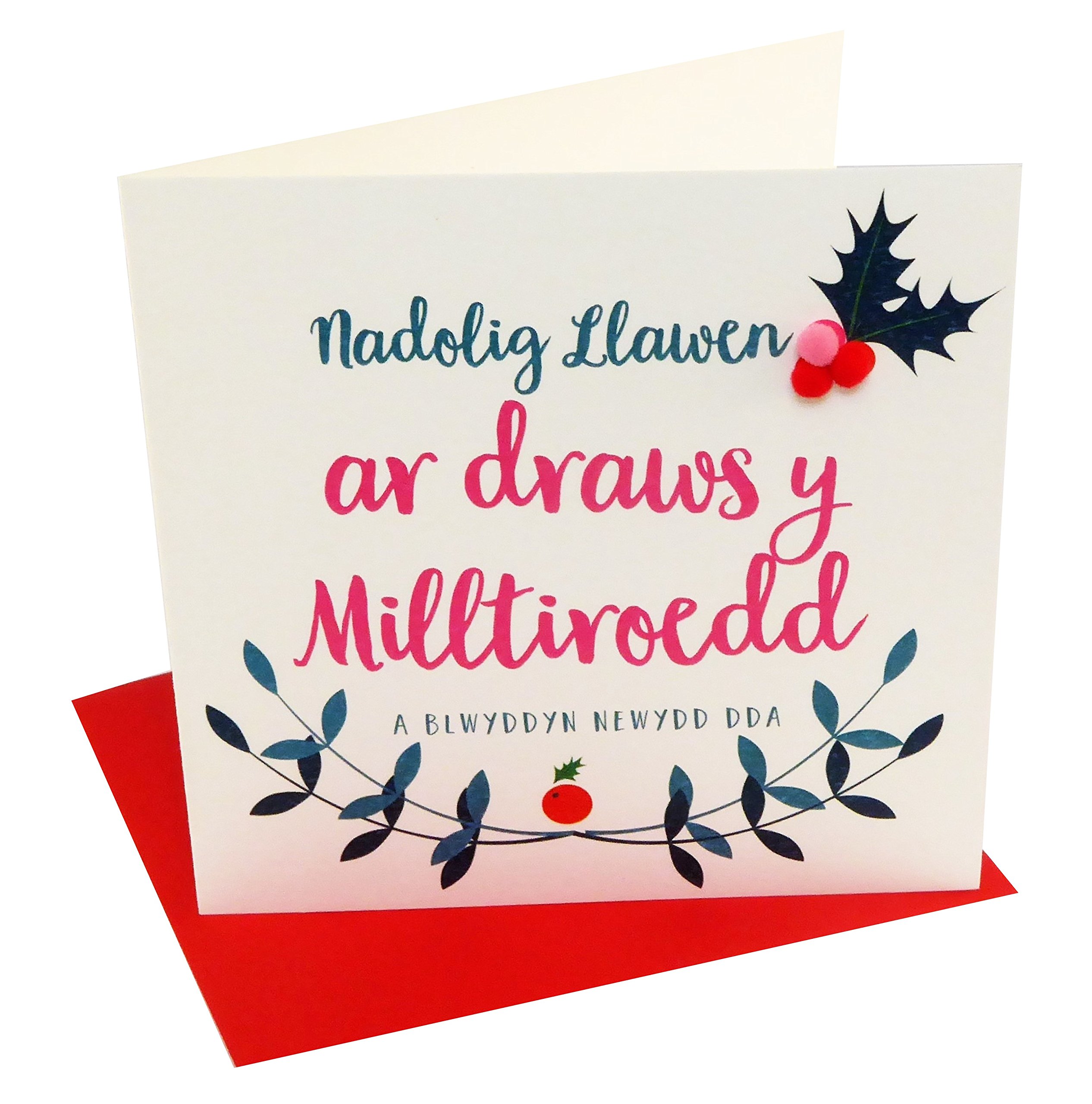 Claire Giles Greeting Cards, Welsh Happy Christmas Card from Across The Miles, Nadolig Llawen, Embellished with Colourful Pompoms