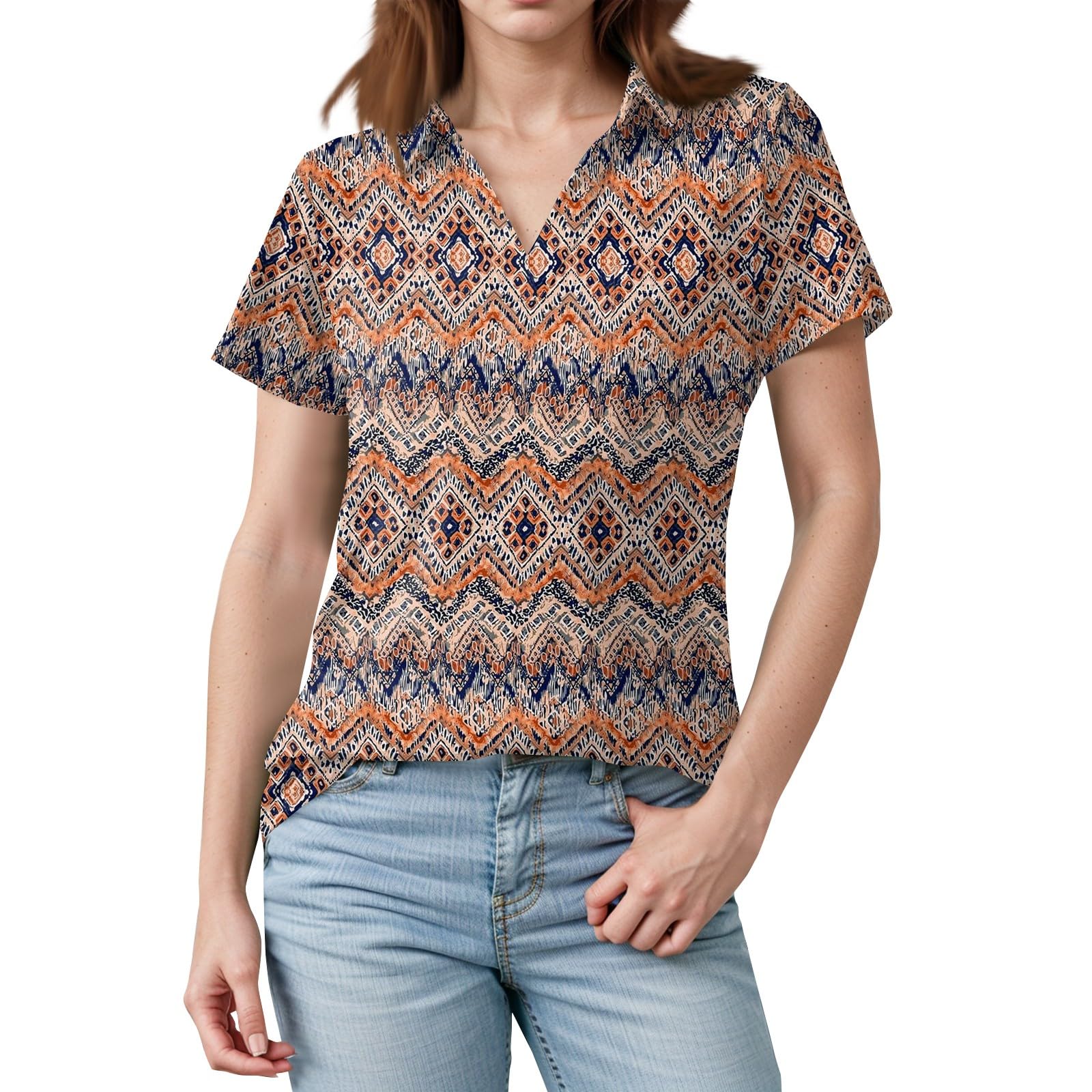 Floral Tops for Women 2025 Summer Work Loose Fit Short Sleeve Polo Golf Shirts Collared V Neck Funny Cotton Travel Comfy Printed Long Tunic Blouses with Pockets Womens Polo Shirts, Light Gray, XXL