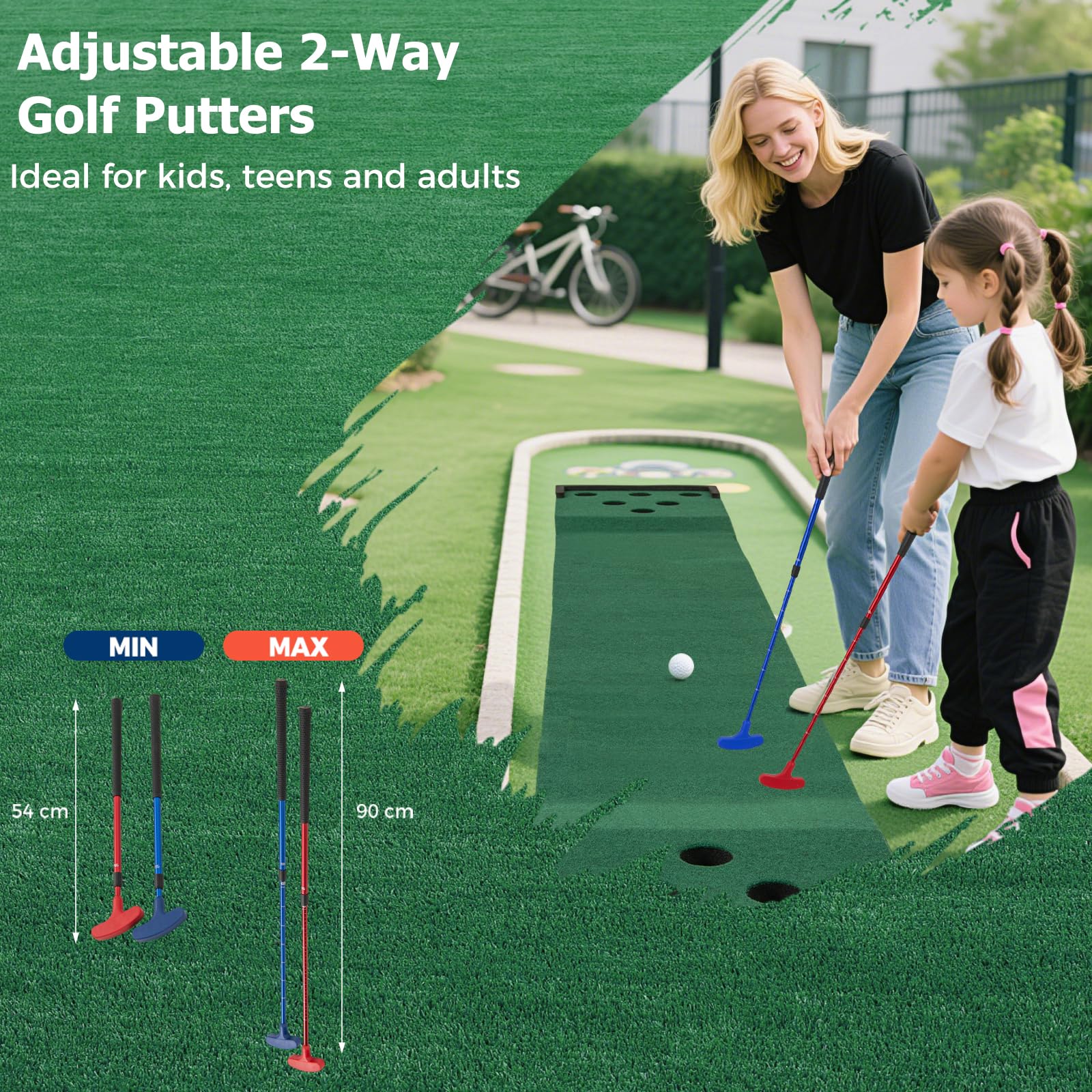 LIFEZEAL Tapis de Putting Golf Portable, Set Jeu Pong avec 2 Putters Réglables, 6 Balles et Sac de Transport, Tapis Entraînement Golf Professionnel pour Intérieur et Extérieur, Bureau, Jardin, Famille