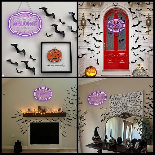 Miniatura 4 de Horseneon Letrero de neón de Navidad con texto en inglés "Welcome Foolish Mortals", mansión embrujada, decoración de pared LED para puerta, Mab
