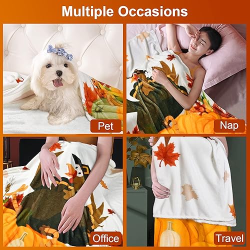 Miniatura 4 de Manta de Acción de Gracias con bolsa de regalo, bonita manta de pavo de otoño para adultos, suave y cómoda manta de vellón de calabazas para sofá