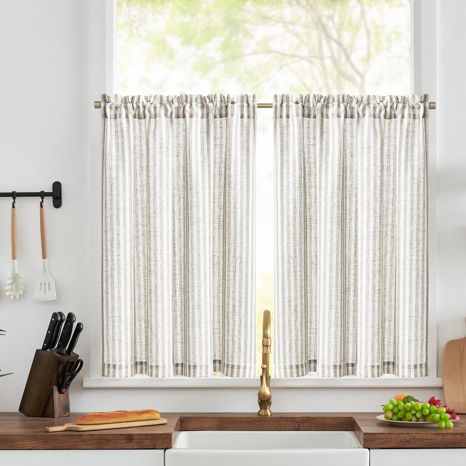 TOPICK Cafe Curtains 36 Inch Drop, Light Filtering Privacy Half Window Curtains, Rod Pocket Grey Striped Kitchen Curtain 2 Panels, Short Tiers for Bedroom, Living Room, Cupboard Base, W36 x L36