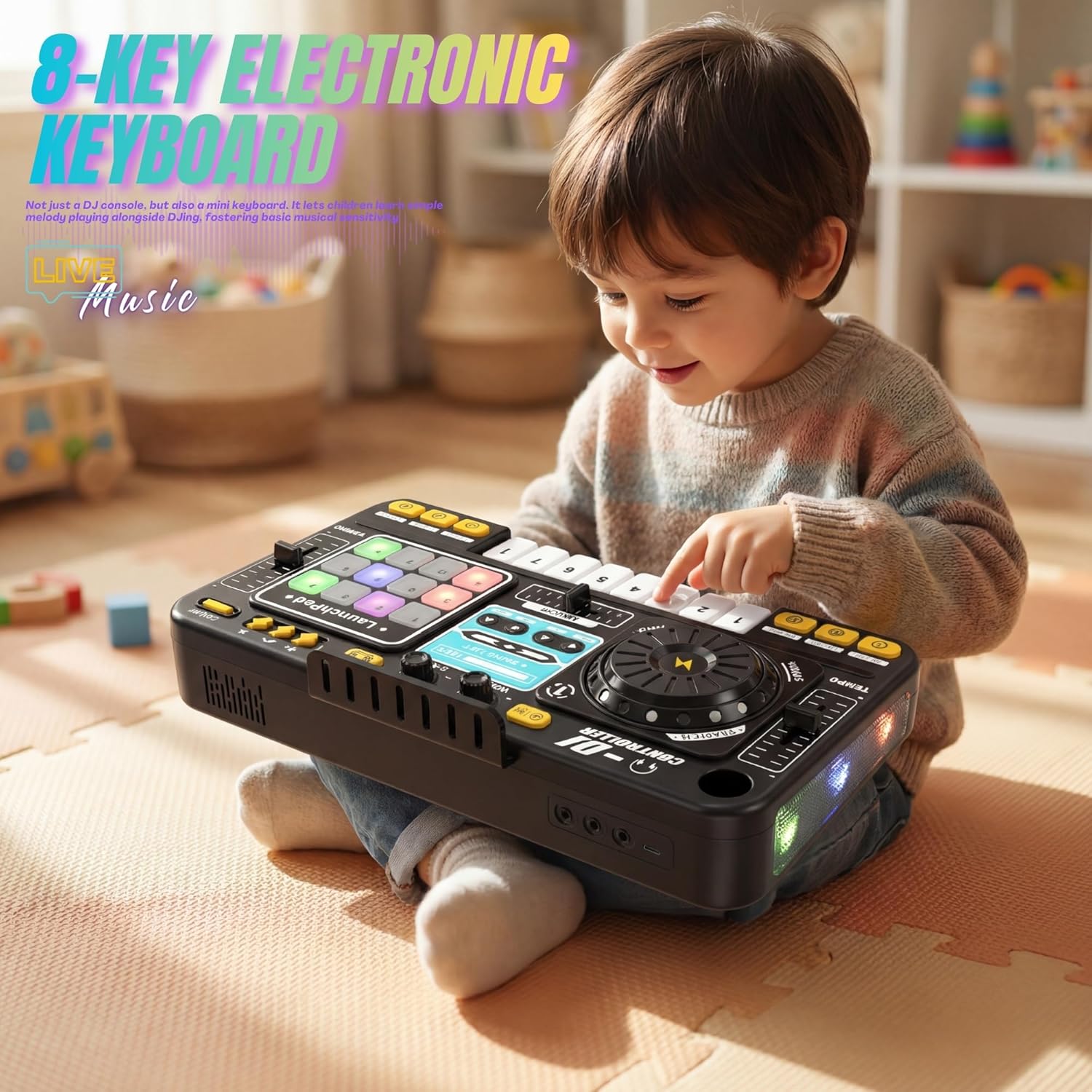 DJ Controller, Bluetooth 5.0 DJ Mixer Table, Audio Mixer DJ Board for Beginners, with Microphone, Adjustable LED Lights, 12 MIDI Songs, Whack-A-Mole Mode, Battery Powered