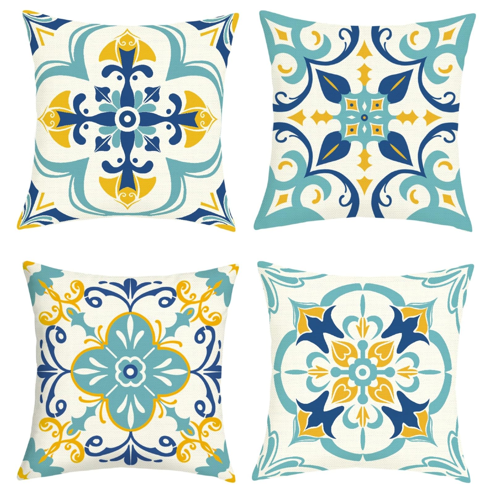 Joymaison Federe per Cuscini Divano 45x45 Set di 4 Boho Blu Giallo Geometria Fiore Federa Copri Cuscino Mandala Floreale Federe Confezione Copricuscini Quadrati per Camera da Letto Divano