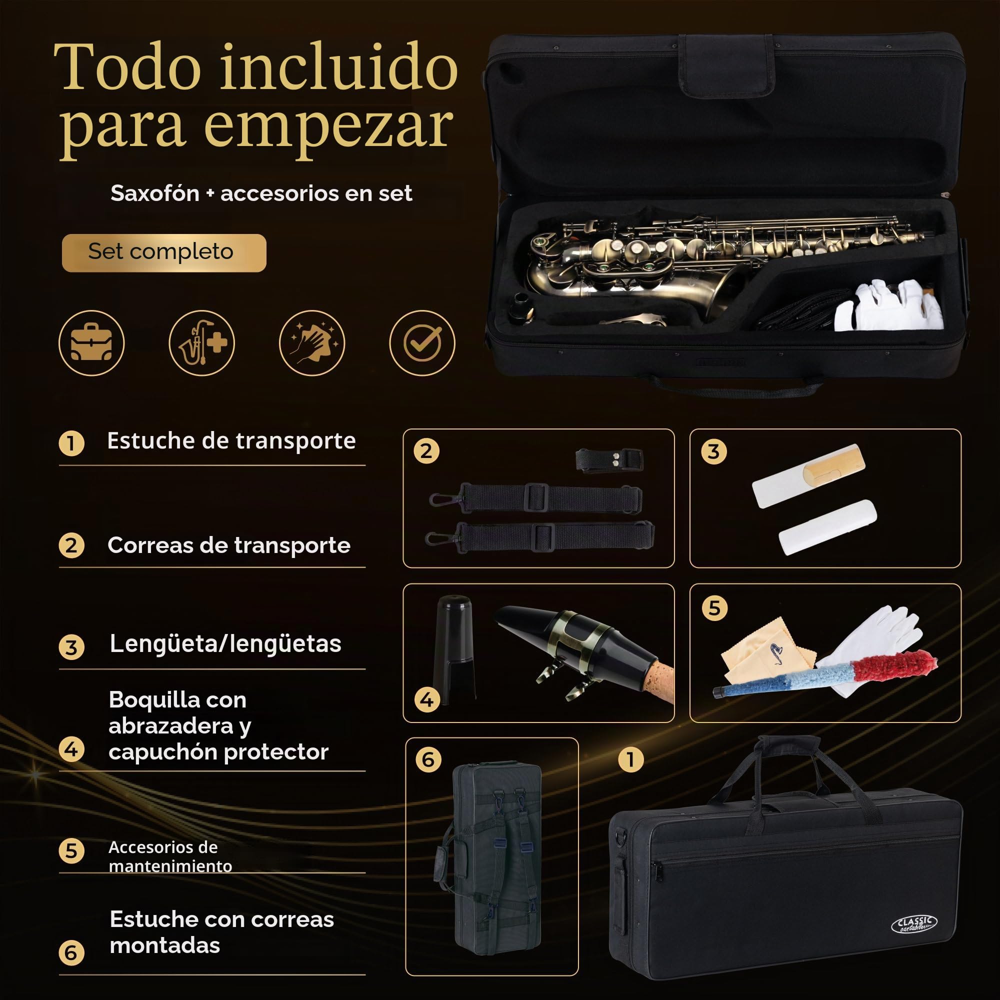 Classic Cantabile Winds AS-450 Antique Yellow Saxofón Alto, Peso: 2 | Saxofón alto de latón, Acabado vintage Antique Yellow, Llave de fa agudo, Sonido lleno y cálido, Respuesta rápida, 4 kg