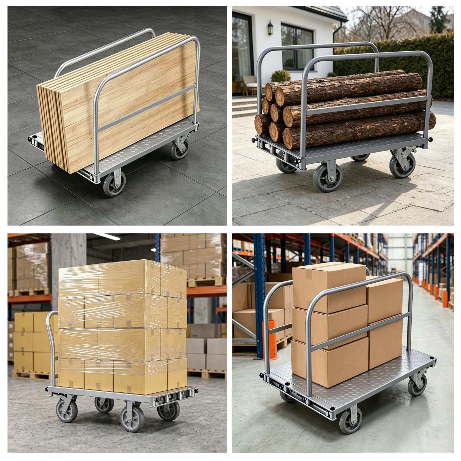 Carretilla con Plataforma 3 en 1, Asa y Barandillas Extraíble | ruedas de 150 mm con freno, 500 kg capacidad,100 x 60 x 83 cm, para taller, obras y almacén